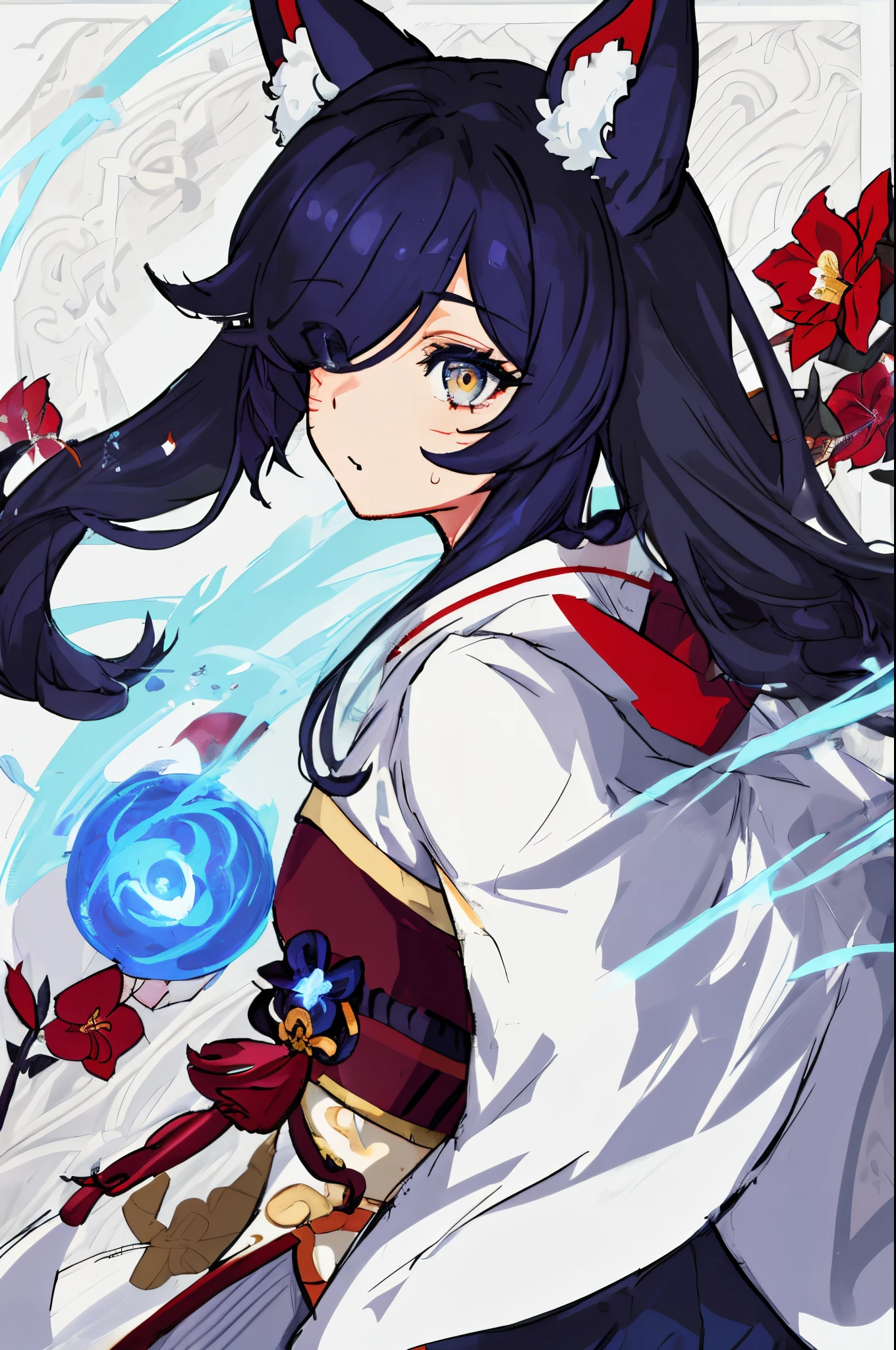 a close up of a person in a costume with a sword, Ayaka Genshin Impact, portrait onmyoji, Onmyoji, keqing from genshin impact, ayaka game genshin impact, zhongli from genshin impact, fox nobushi, genshin impact character, onmyoji detailed art, characters from azur lane,1girl in,Solo,1girl in,Solo,((Beautiful detailed eyes)), (Detailed light),depth of fields,(White hair),Silver eyes,Hair over one eye,(Red flower ), Hair Flower,Long hair,Black cloak,Wet,deadpan,Looking back,Night,starfall,Sateen,Fog,Red flowers fall,sketch,Upper body,intense shadow,