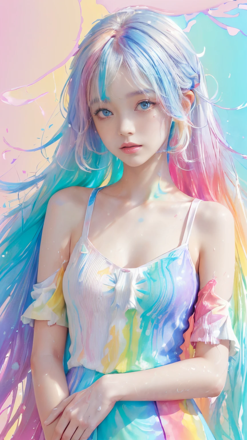 （Pink fashion T-shirt：1.9），(Colorful hair: 1.8), (all the colours of the rainbow: 1.8),(((((Vertical Painting：1.6))), （Painting：1.6），front, comics, Illustrations, painterly, Large eyes, Crystal clear eyes,（ rainbow color gradient high ponytail：1.7）, Exquisite makeup, Closed mouth,(Small fresh: 1.5),(Wipe Chest: 1.6) ，long eyelashes, white off shoulder T-shirt,  White shoulder shirt，gaze at the audience, Large watery eyes, (rainbow-colored hair：1.6), Color splash, （Solo：1.8）, Color splash, Color explosion, Thick paint style, Messy lines, ((Shining))，(Colorful), (Colorful), (Colorful), Colorful, Thick paint style, (Splash) (Color splash), Vertical Painting, Upper body, paint splashes, Acrylic Pigment, gradient, paint, Highest image quality, Highest Quality, masutepiece, Solo, depth of fields, Face Paint,  colourful clothes, (Elegant: 1.2), Gorgeous,Long hair, Wind, (Elegant: 1.etals: 1.4)，(((masutepiece))),(((Best Quality))),((Ultra-detailed)),(Illustration),(Dynamic Angle),((floating)),(paint),((disheveled hair)),(Solo),(1girl in) , (((Detailed anima face))),((beautifull detailed face)),Collar,Bare shoulders,White hair, ((Colorful hair)),((striated hair)),Beautiful detailed eyes,(Gradient color eyes),(((Colorful eyes))),(((Colorful background))),(((High color saturation))),(((Surrounded by colorful splashes))),