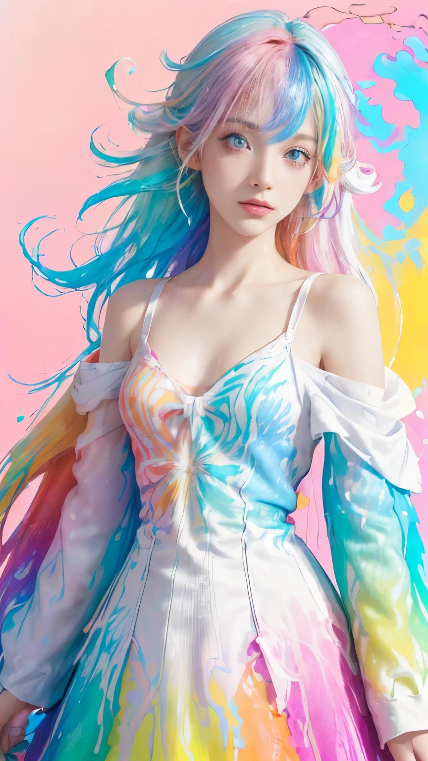 (Pink fashion T-shirt:1.9),(Colorful hair: 1.8), (all the colours of the rainbow: 1.8),(((((Vertical Painting:1.6))), (Painting:1.6),front, comics, Illustrations, painterly, Large eyes, Crystal clear eyes,( rainbow color gradient high ponytail:1.7), Exquisite makeup, Closed mouth,(Small fresh: 1.5),(Wipe Chest: 1.6) ,long eyelashes, white off shoulder T-shirt, White shoulder shirt,gaze at the audience, Large watery eyes, (rainbow-colored hair:1.6), Color splash, (Solo:1.8), Color splash, Color explosion, Thick paint style, Messy lines, ((Shining)),(Colorful), (Colorful), (Colorful), Colorful, Thick paint style, (Splash) (Color splash), Vertical Painting, Upper body, paint splashes, Acrylic Pigment, gradient, paint, Highest image quality, Highest Quality, masutepiece, Solo, depth of fields, Face Paint, colourful clothes, (Elegant: 1.2), Gorgeous,Long hair, Wind, (Elegant: 1.etals: 1.4),(((masutepiece))),(((Best Quality))),((Ultra-detailed)),(Illustration),(Dynamic Angle),((floating)),(paint),((disheveled hair)),(Solo),(1girl in) , (((Detailed anima face))),((beautifull detailed face)),Collar,Bare shoulders,White hair, ((Colorful hair)),((striated hair)),Beautiful detailed eyes,(Gradient color eyes),(((Colorful eyes))),(((Colorful background))),(((High color saturation))),(((Surrounded by colorful splashes))),