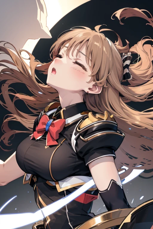 perfect anatomy, 1 girl, Big breast, closed eyes, unconscious, sad, tearing up, :o, sweetlip, black outfit, gloves, (look at viewer:1.1) BREAK close up, head shot, portrait, headback, torn clothes