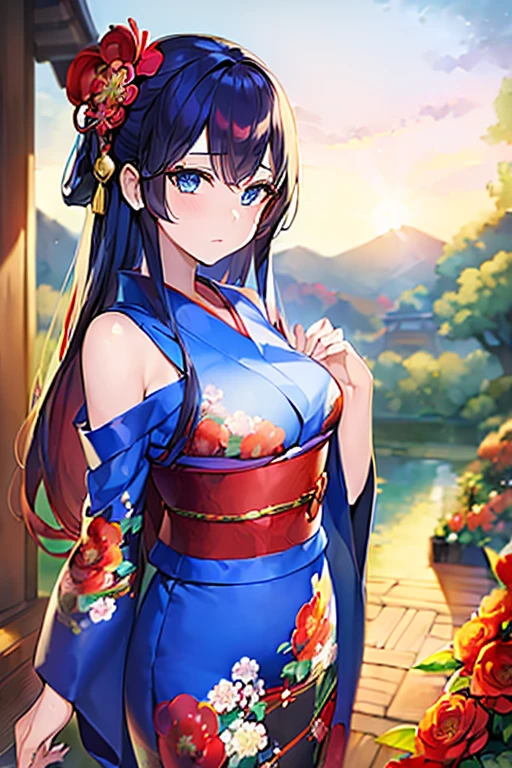 (top-quality: 1.3), (masterpiece: 1.3), 18year old, ［young girl］, blue eyes, beautiful breasts, thin waist, bright red flower hair ornament, 1 person( Blue yukata with floral pattern, long black hair girl, tying hair)、countryside in japan, nighttime scene