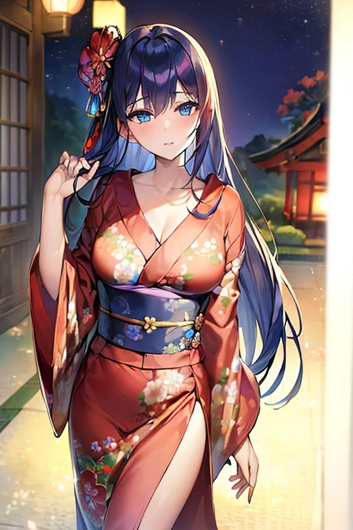 (top-quality: 1.3), (masterpiece: 1.3), 18year old, ［young girl］, blue eyes, beautiful breasts, thin waist, bright red flower hair ornament, 1 person( Blue yukata with floral pattern, long black hair girl, tying hair)、countryside in japan, nighttime scene
