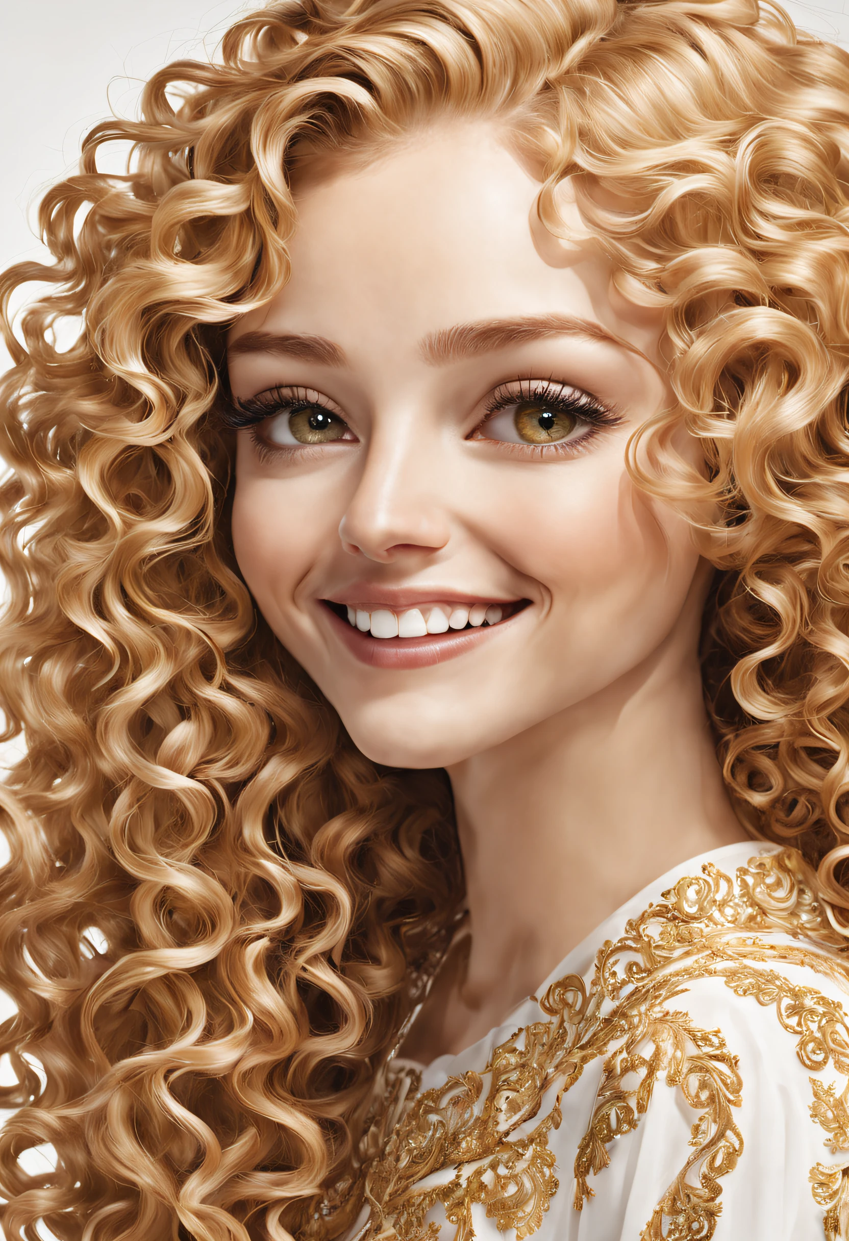 a white woman,Lateral face,ssmile,Long eyelashes,golden curly hair,extreme hight detail