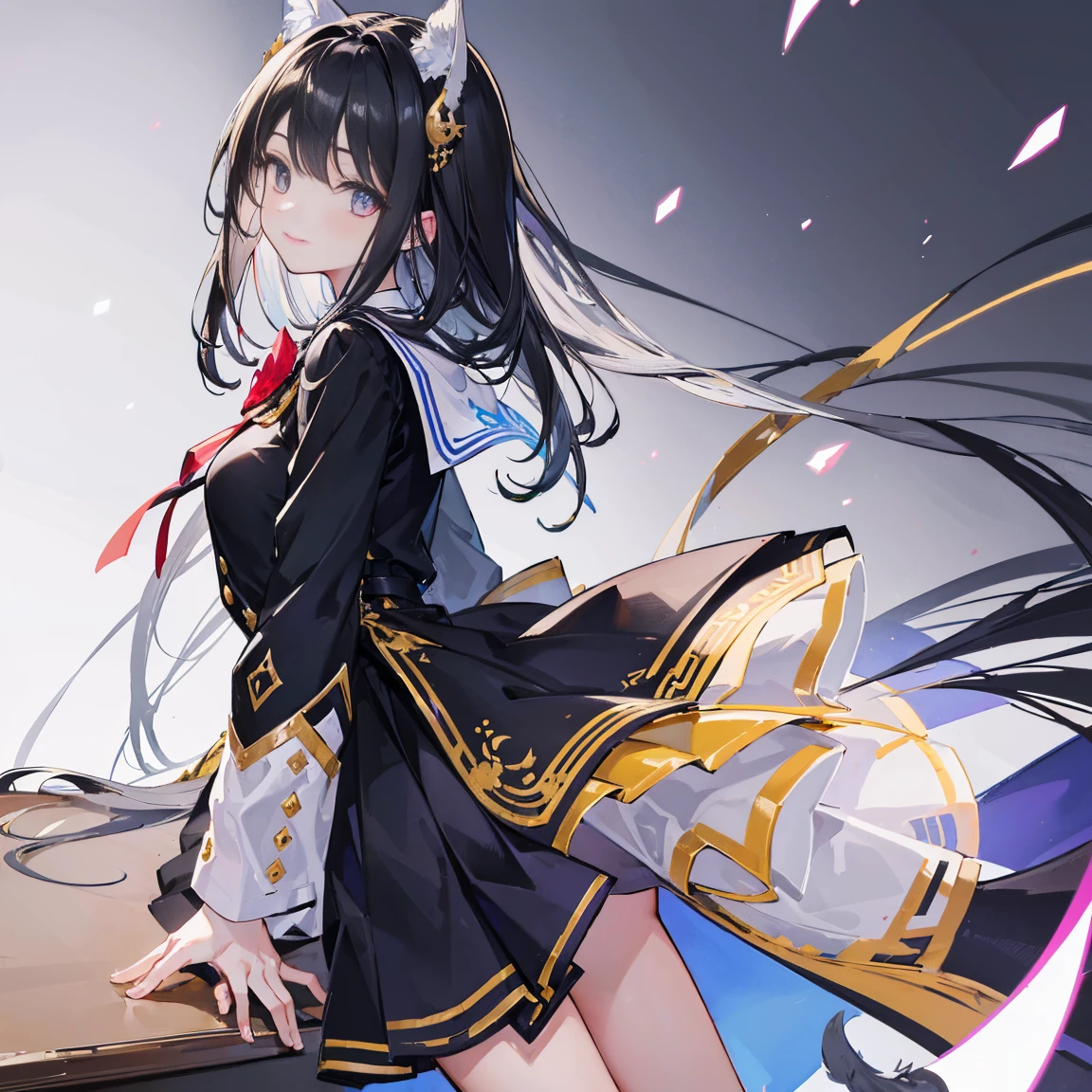 (Piece masuter,Best Quality,Ultra-detailed), (Character Sheet:1.2),full - body, school uniform, frontal view, side glance, seen from behind, golden eyes, glowing pupils, Delicate hair decorations, long straight black hair, Two-tailed, bow ribbon, Bright smile, high school uniform, Look-up table, NFFSV, ccurate, super detaill, SolidBackground, higly detailed, 4k,Dagger Decoration,The same character