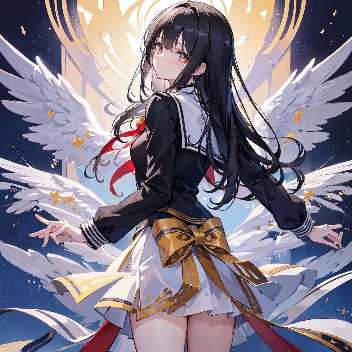 (Piece masuter,Best Quality,Ultra-detailed), (Character Sheet:1.2),full - body, school uniform, frontal view, side glance, seen from behind, golden eyes, glowing pupils, Delicate hair decorations, long straight black hair, Two-tailed, bow ribbon, Bright smile, high school uniform, Look-up table, NFFSV, ccurate, super detaill, SolidBackground, higly detailed, 4k,Dagger Decoration,The same character