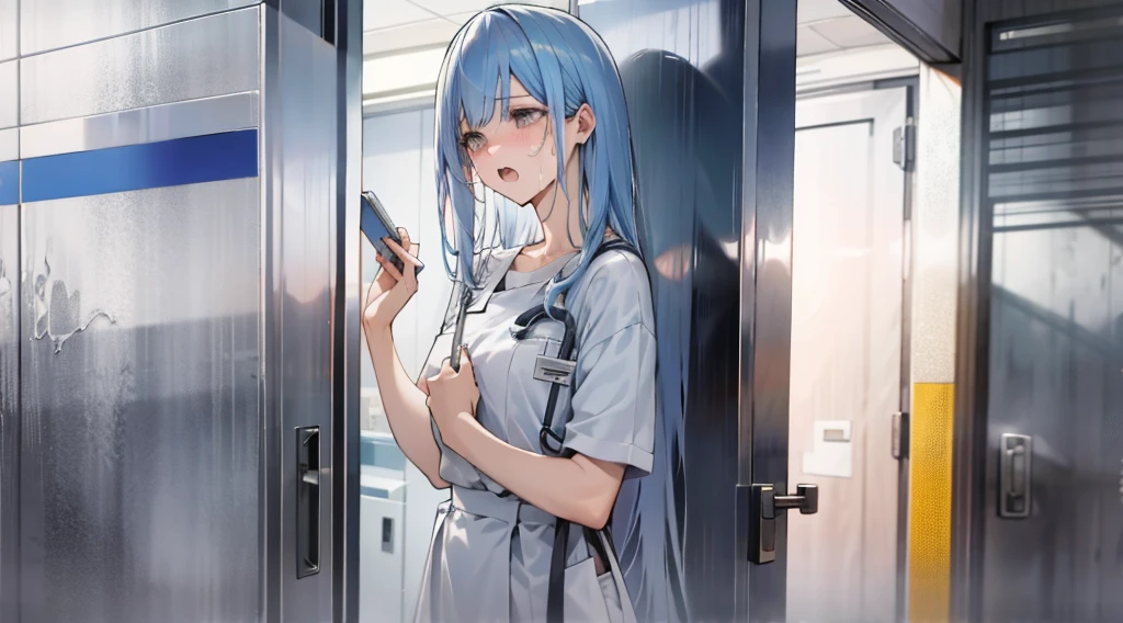 Realistic style，A young woman at the door of the hospital，Cry