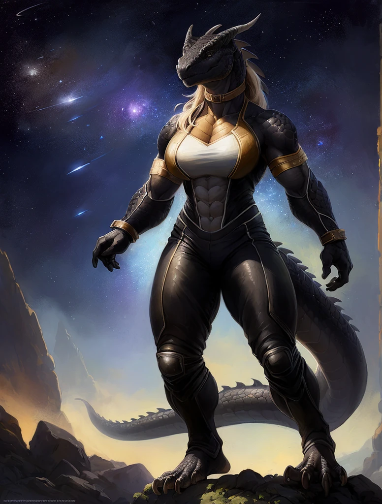 Dragon girl, big chest, day, sexy, sensual, detailed, uploaded to e621, beautiful and detailed portrait of an powerful anthropomorphic dragon ((female))) kenket, ross tran, ruan jia, uploaded to e621, zaush, foxovh, scalie, silver scalie, standing, open legs, long hair, muscular, large breats, epic realism, Black skin, Large neckline, (masterpiece, best quality:1.2), choker, formal, White suit, muscular female, Shirt, suit, ((dark scales)), Black scales, Defense armband, solo, ((muscular)), veins, strong, veins, abs, frowning, Leather pants, space, spacesuit, Isolated planet, stars, shooting stars, starry sky, illuminated night, Detailed eyes, Full body, Detailed Feet, budget sarashi