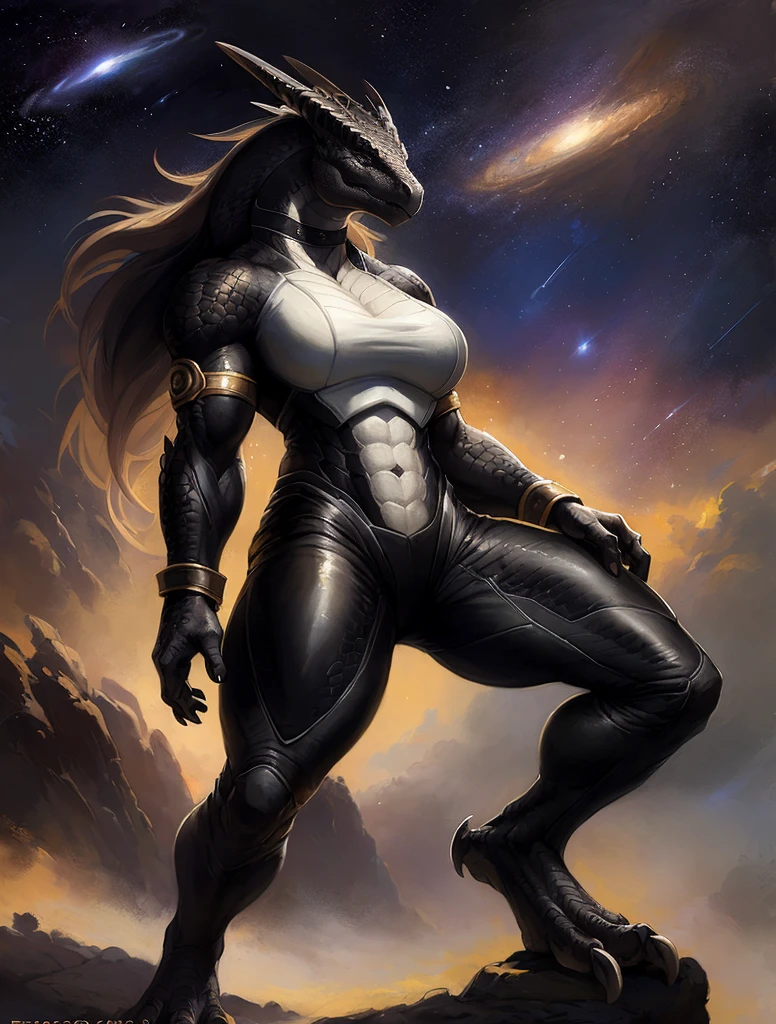 Dragon girl, big chest, day, sexy, sensual, detailed, uploaded to e621, beautiful and detailed portrait of an powerful anthropomorphic dragon ((female))) kenket, ross tran, ruan jia, uploaded to e621, zaush, foxovh, scalie, silver scalie, standing, open legs, long hair, muscular, large breats, epic realism, Black skin, Large neckline, (masterpiece, best quality:1.2), choker, formal, White suit, muscular female, Shirt, suit, ((dark scales)), Black scales, Defense armband, solo, ((muscular)), veins, strong, veins, abs, frowning, Leather pants, space, spacesuit, Isolated planet, stars, shooting stars, starry sky, illuminated night, Detailed eyes, Full body, Detailed Feet, budget sarashi