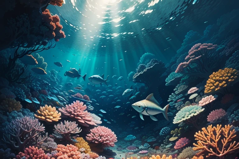 An very deep underwater world teeming with vibrant coral reefs and with seldom fishes. Bottomless sea, Sunlight pierces through the water, illuminating the huge depths with a mesmerizing play of pastel colors.