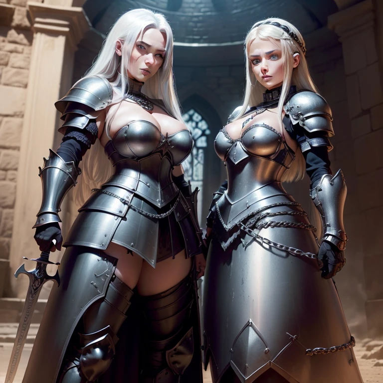 (extrem detailliert), (hight resolution), Full body portrait, von Herr der Ringe (Mensch, heavy armor (Plate Armor, Chain mail), pretty woman with small breasts, fester Hintern, trainiert, Pretty face, strahlend blaue Augen, big sword (Claymore, blutverschmiert), ((aggressiver Blick))