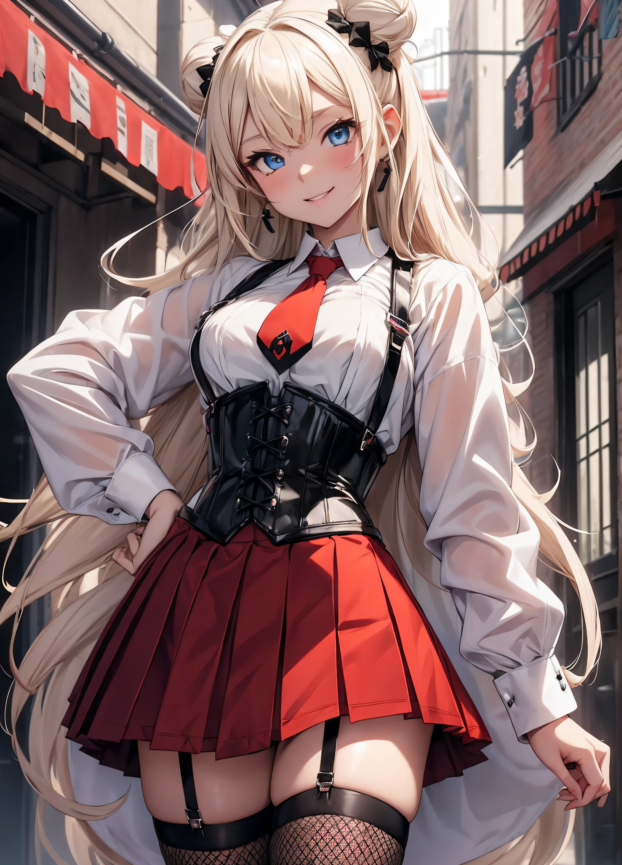 tmasterpiece,Hyper-detailing,best qualtiy,top-quality,best composition,Blonde Half、(Blue eyes) , (((Bun longhair anime girl):1.2)), Seductive Anime Girl, charming anime girls, Anime Girl, Beautiful anime girl, Cute anime girl, pretty anime girl, Anime Girls, young anime girl, surreal costume splash art anime , Anime Best Girl, Surreal, an anime girl, Ecchi anime style、Big smile,、Happy smile、Blur the background a lot>BREAK (Black and white theme:1.4), (black fake rabbit ears:1.3), (A fusion of a long-sleeved white collared shirt and a black corset with suspenders.:1.5), (Black fishnet stockings:1.3), (high-heels:1.1), BREAK (Red Theme:1.3), (Red tie:1.4), (Red pleated skirt:1.4),