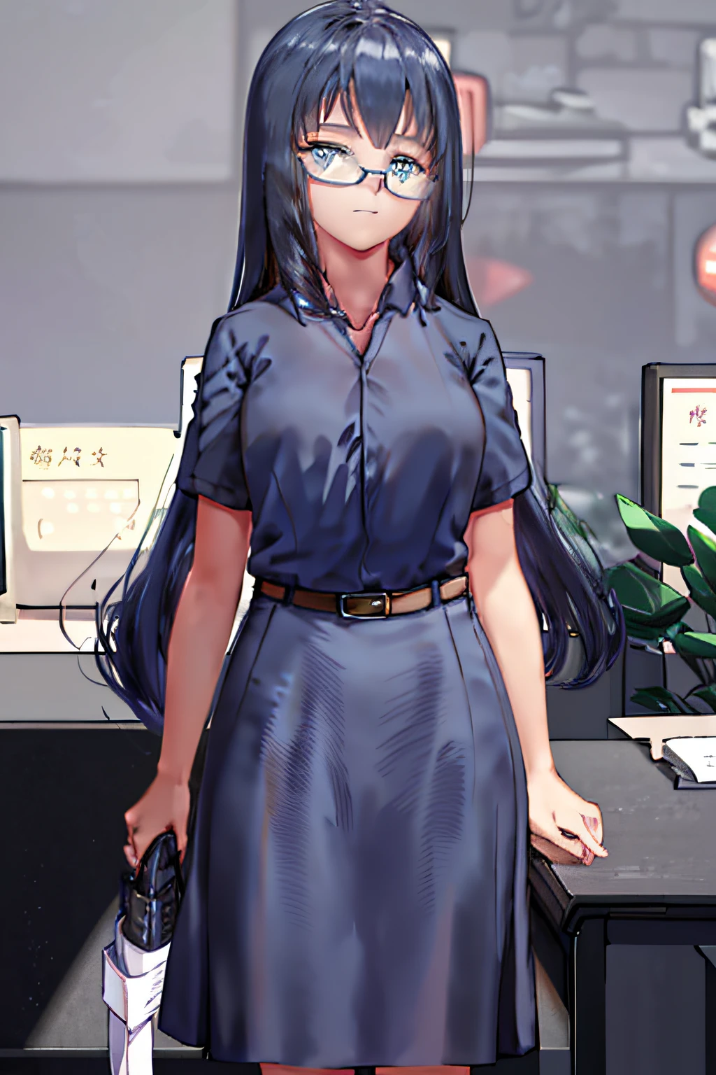 A very beautiful junior high school girl，black color hair，Full body lesbian，blue color eyes，Wearing black-framed glasses，stand posture