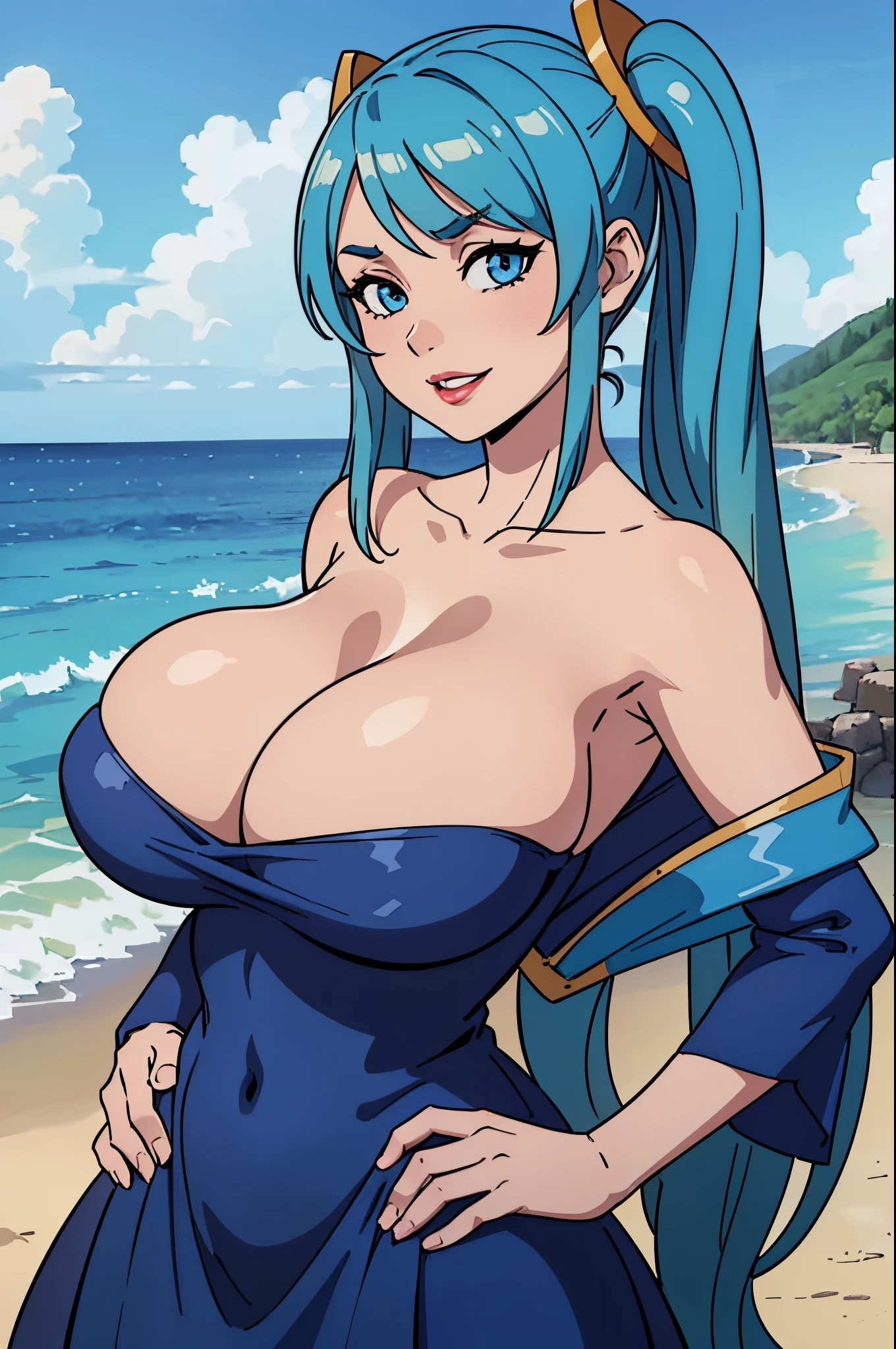 (masterpiece, best quality, ultra-detailed), illustration, colorful, flat color, depth of field, 1girl, sona buvelle, blue hair, blue eyes, gradient hair, twintails, hair ornament, anime, (shortstack), (opll:1.2), (closeup), (upper body), looking at viewer, at beach, cowboy shot, view from front, (blue dress, cleavage, skitdentation, sfw, open shoulders), detailed skin texture, beautiful detailed face, seductive grin, white teeth, seductive, alluring attire, collarbone, inviting, (gigantic breasts, saggy breasts, huge breasts, curvy, voluptuous, curvaceous, milf), (hands on hips), red lips, makeup
