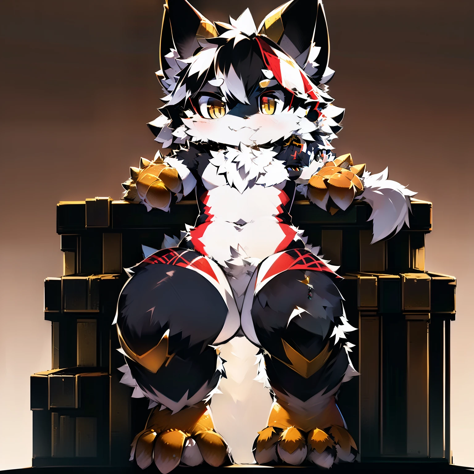 Hairy black all over,a wolf's tail,yellow-eyed,Black hair,golden meat pad,hairy pubic,There are two red and white gradient horns on the top of the head,Background of a corner of the city