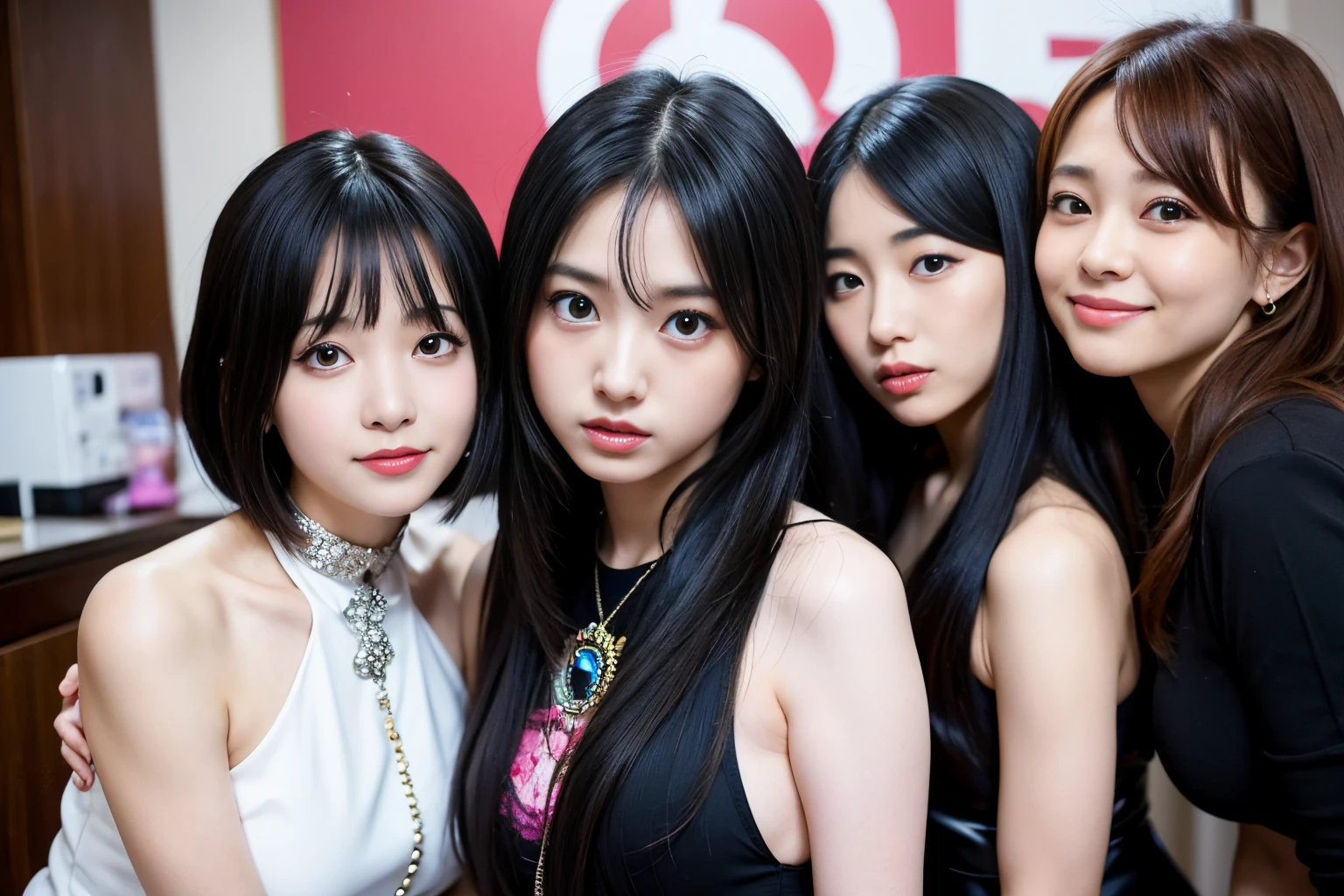 Best-quality, Masterpiece, Ultra-High-Resolution, (Photorealistic:1.4), Raw-Photo, Extremely-Details, Perfect-Anatomy, absurdres,
many-girls having a lot of fun at lesbian sexual orgy party in luxury hotel suite, detailed luxury hotel suite,
all agers, all lesbians, all members of the most popular Japanese idol groups,
all extremely cute faces like a popular Japanese idols, all extremely beautiful big black solid circle eyes, all extremely beautiful colorful hair, all extremely beautiful realistic skins,
detailed cute faces, detailed beautiful big black solid circle eyes, detailed beautiful colorful hair, detailed beautiful realistic skins, detailed perfect fingers