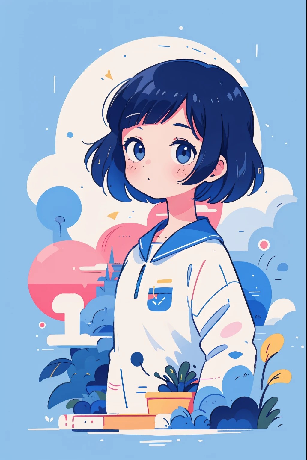 Retro art style, 1 girl, Black hair