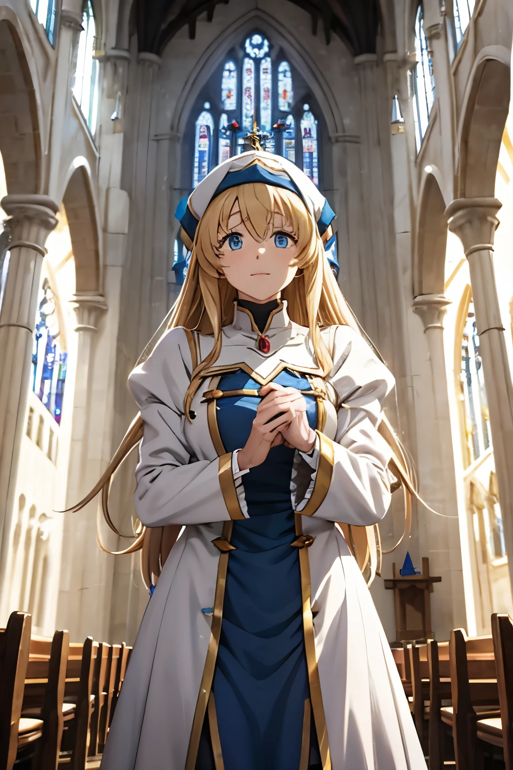 Sword maiden from goblin slayer show standing still in a church