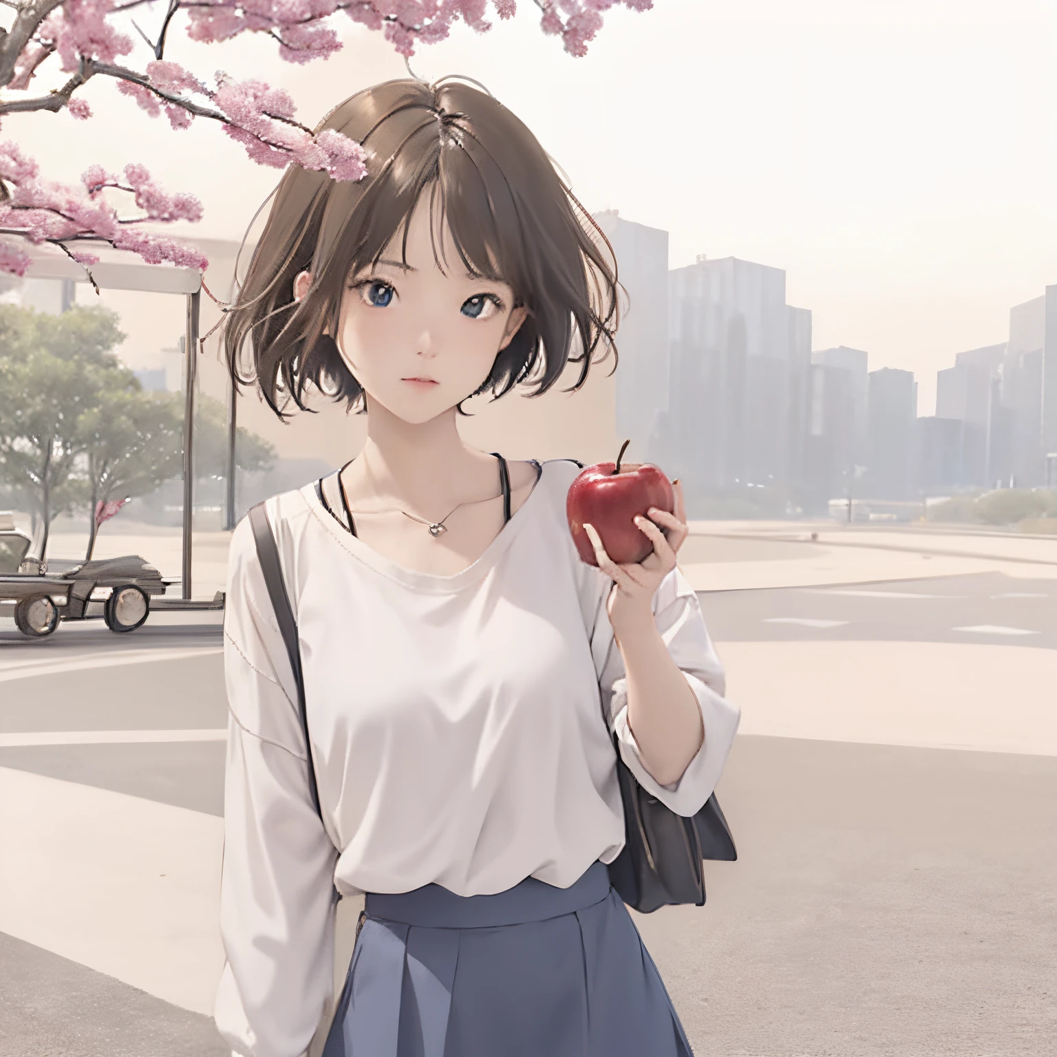 hightquality、masuter piece、8K、Photorealistic anime drawings、((1girl in、Have apples)、ars、short-hair、a blue skirt、white shirt、Sad look)、great outdoors、(many apple trees)