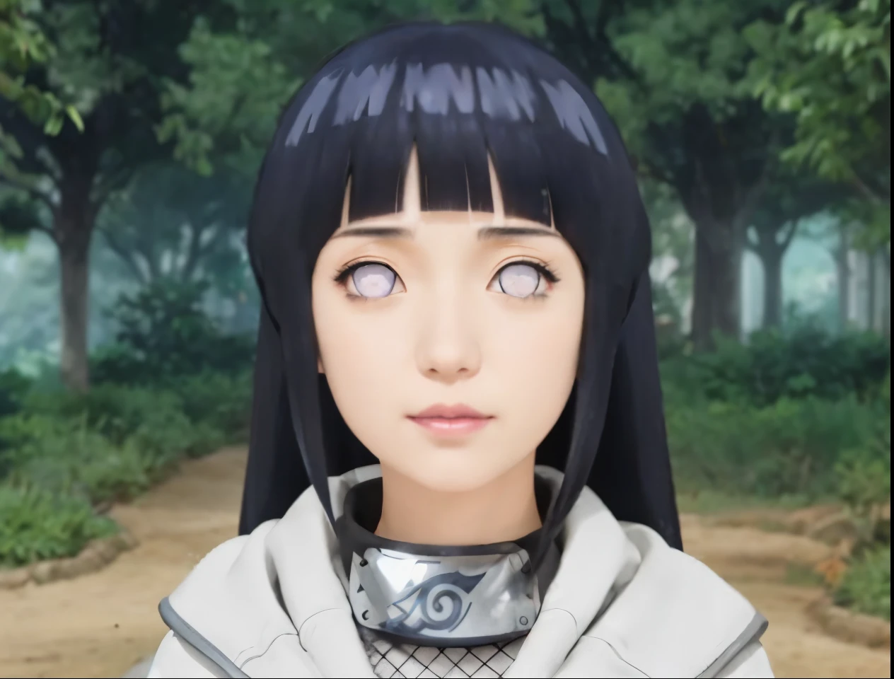 a close up of a person with long hair and a hoodie, hinata hyuga, hinata hyuga from naruto, from naruto, as an anime character, perfect anime face, she has dark blue hair with bangs, female anime character, anime character, anime best girl, hime cut hairstyle, dark blue hair, (red glossy lips:1.3), light purple eyes, smile, (beautiful face:1.3)