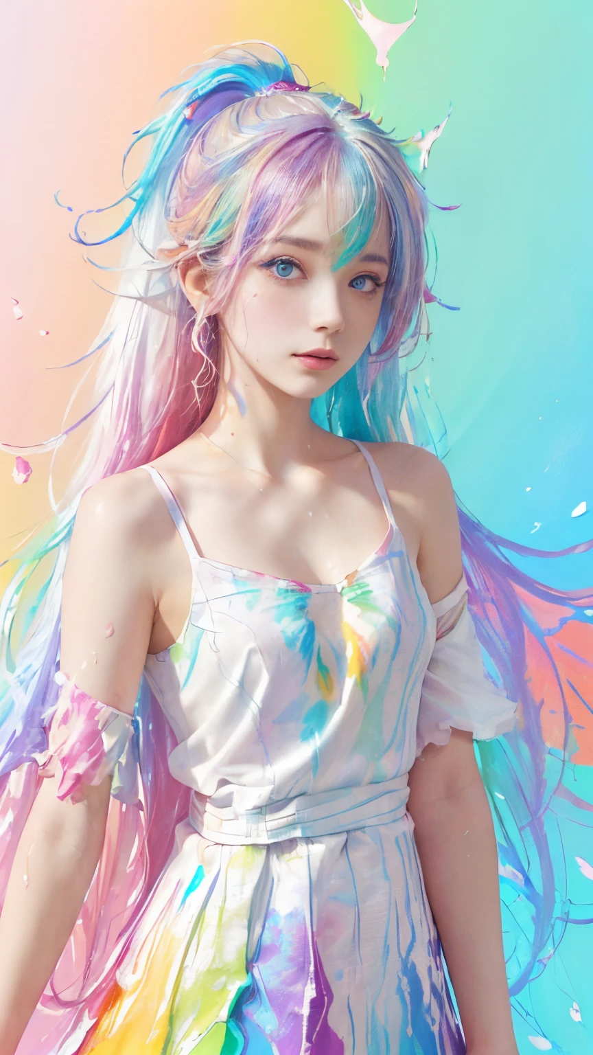 (Pink fashion T-shirt:1.9),(Colorful hair: 1.8), (all the colours of the rainbow: 1.8),(((((Vertical Painting:1.6))), (Painting:1.6),front, comics, Illustrations, Painterly, Large eyes, Crystal clear eyes,( rainbow color gradient high ponytail:1.7), Exquisite makeup, Closed mouth,(Small fresh: 1.5),(Wipe Chest: 1.6) ,long eyelashes, white off shoulder T-shirt, White shoulder shirt,gaze at the audience, Large watery eyes, (rainbow-colored hair:1.6), Color splash, (Solo:1.8), Color splash, Color explosion, Thick paint style, Messy lines, ((Shining)),(Colorful), (Colorful), (Colorful), Colorful, Thick paint style, (Splash) (Color splash), Vertical Painting, Upper body, Paint splashes, Acrylic Pigment, gradient, paint, Highest image quality, Highest Quality, masutepiece, Solo, depth of fields, Face Paint, colourful clothes, (Elegant: 1.2), Gorgeous,Long hair, Wind, (Elegant: 1.etals: 1.4),(((masutepiece))),(((Best Quality))),((Ultra-detailed)),(Illustration),(Dynamic Angle),((floating)),(paint),((disheveled hair)),(Solo),(1girl in) , (((Detailed anima face))),((beautifull detailed face)),Collar,Bare shoulders,White hair, ((Colorful hair)),((striated hair)),Beautiful detailed eyes,(Gradient color eyes),(((Colorful eyes))),(((Colorful background))),(((High color saturation))),(((Surrounded by colorful splashes))),