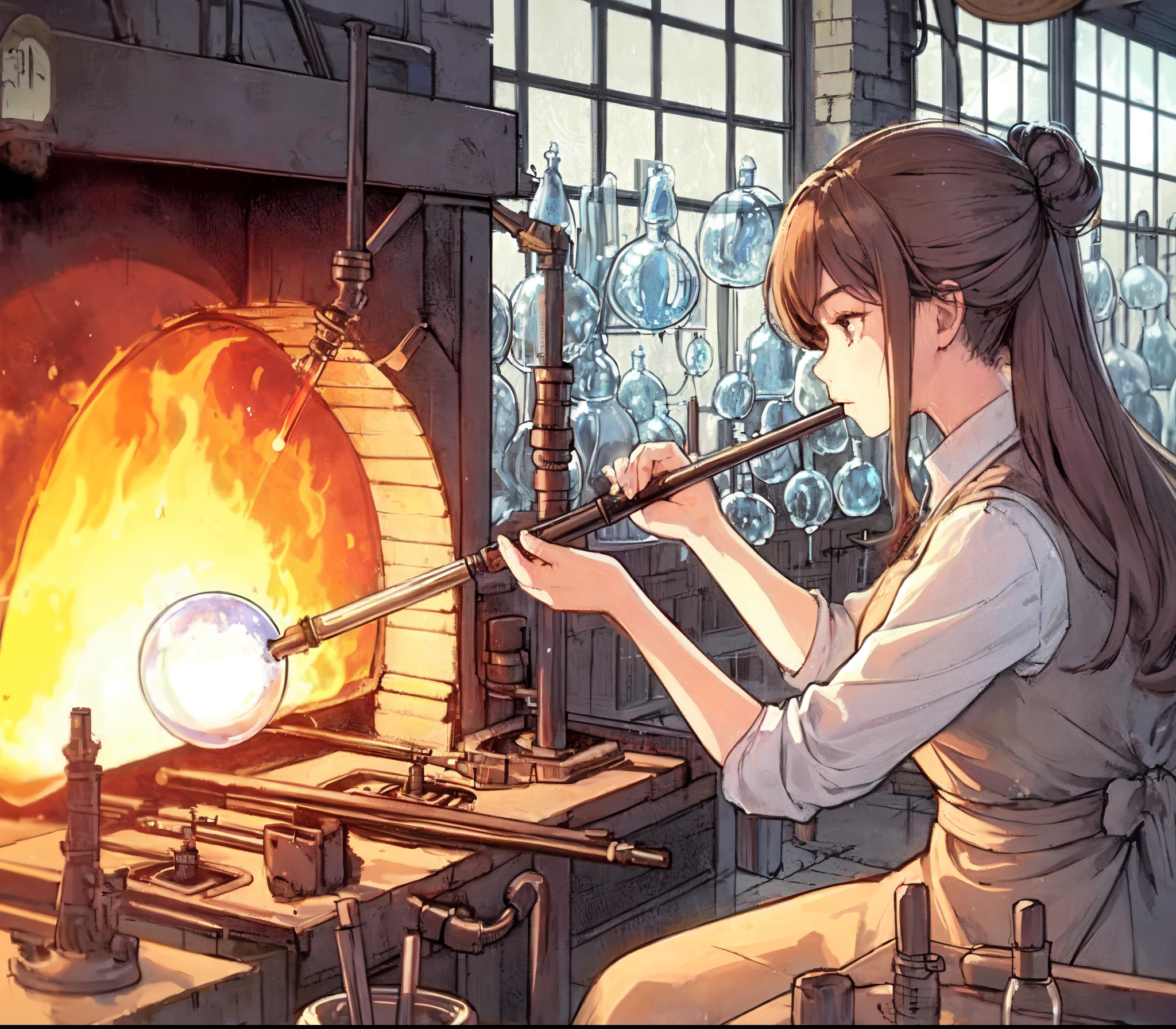 1lady solo, artisan, (inflating a glass sphere with a blowpipe), mature female, /(brown hair/) bangs, (eyes filled with concentration), (masterpiece best quality:1.2) delicate illustration ultra-detailed, large breast BREAK (flames of the furnace are blazing fiercely) BREAK (glassblowing workshop) indoors, various glassworks