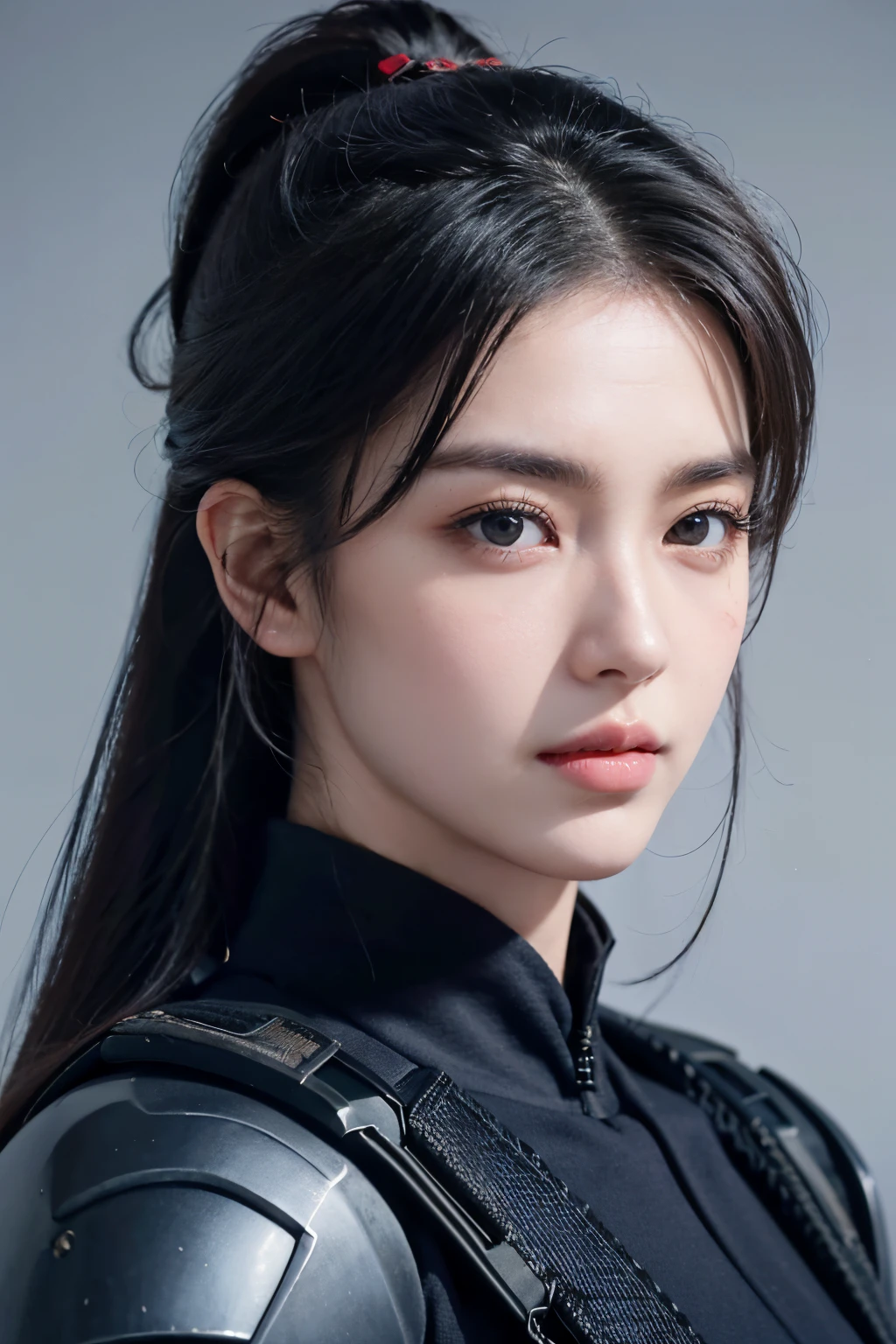 tmasterpiece，Best quality at best，A high resolution，8K，((Portrait))，(Head close-up)，Original photo，real photograph，digital photography，(Female sniper soldier)，(Special forces)，20岁女孩，long ponytail hair，By bangs，The amount of hair  amazing，red eyelash hair)，Big breasts，Chest groove，Tactical backpack，Tactical headsets，Tactical helmets，cparted lips，Keep your mouth shuegant and charming，Serious and arrogant，Calm and handsome，(police uniforms，Combat uniforms，joint armor，Black)，Photo pose，Realisticstyle，greybackground，oc render reflection texture