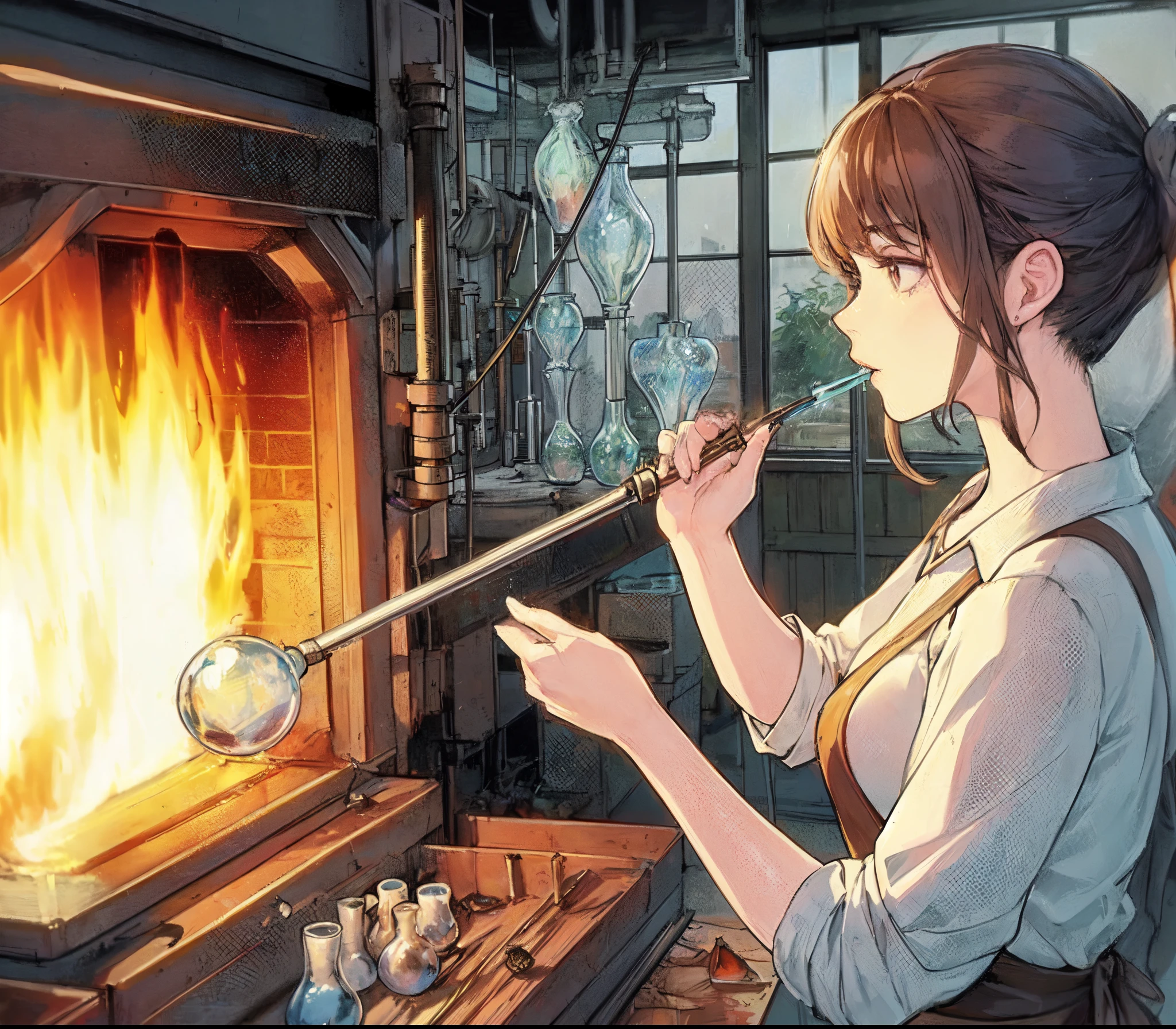 1lady solo, artisan, (inflating a glass sphere with a blowpipe), mature female, /(dark brown hair/) bangs, (eyes filled with concentration), (masterpiece best quality:1.2) delicate illustration ultra-detailed, large breast BREAK (flames of the furnace are blazing fiercely) BREAK (glassblowing workshop) indoors, various glassworks