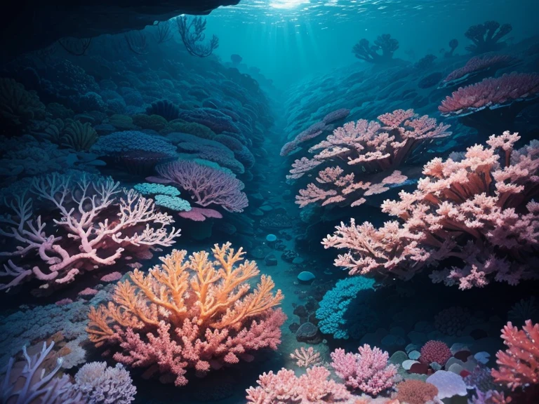 An very deep underwater world teeming with  vibrant coral reefs and with seldom fishes. Bottomless sea, Sunlight pierces through the water, illuminating the huge depths with a mesmerizing play of pastel colors.