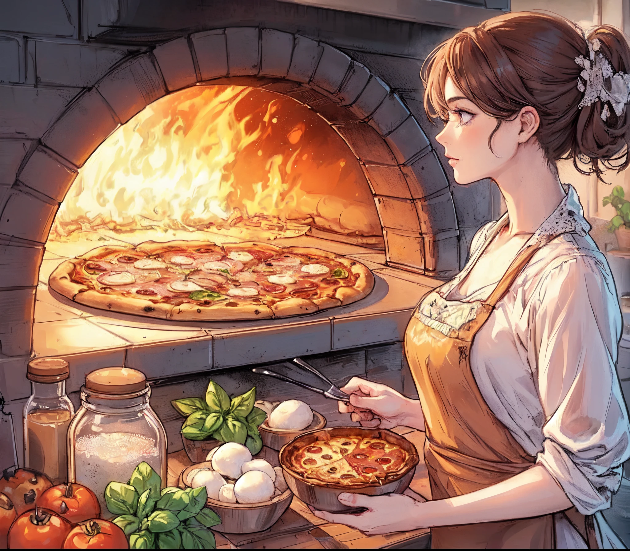1lady solo, (watching the pizza in the oven), (pizza artisan) apron, mature female, /(brown hair/) bangs, (eyes filled with concentration), (masterpiece best quality:1.2) delicate illustration ultra-detailed, large breast BREAK (flames of the oven are blazing fiercely) BREAK (pizza artisan's workshop) indoors, (various foodstuffs on the table)