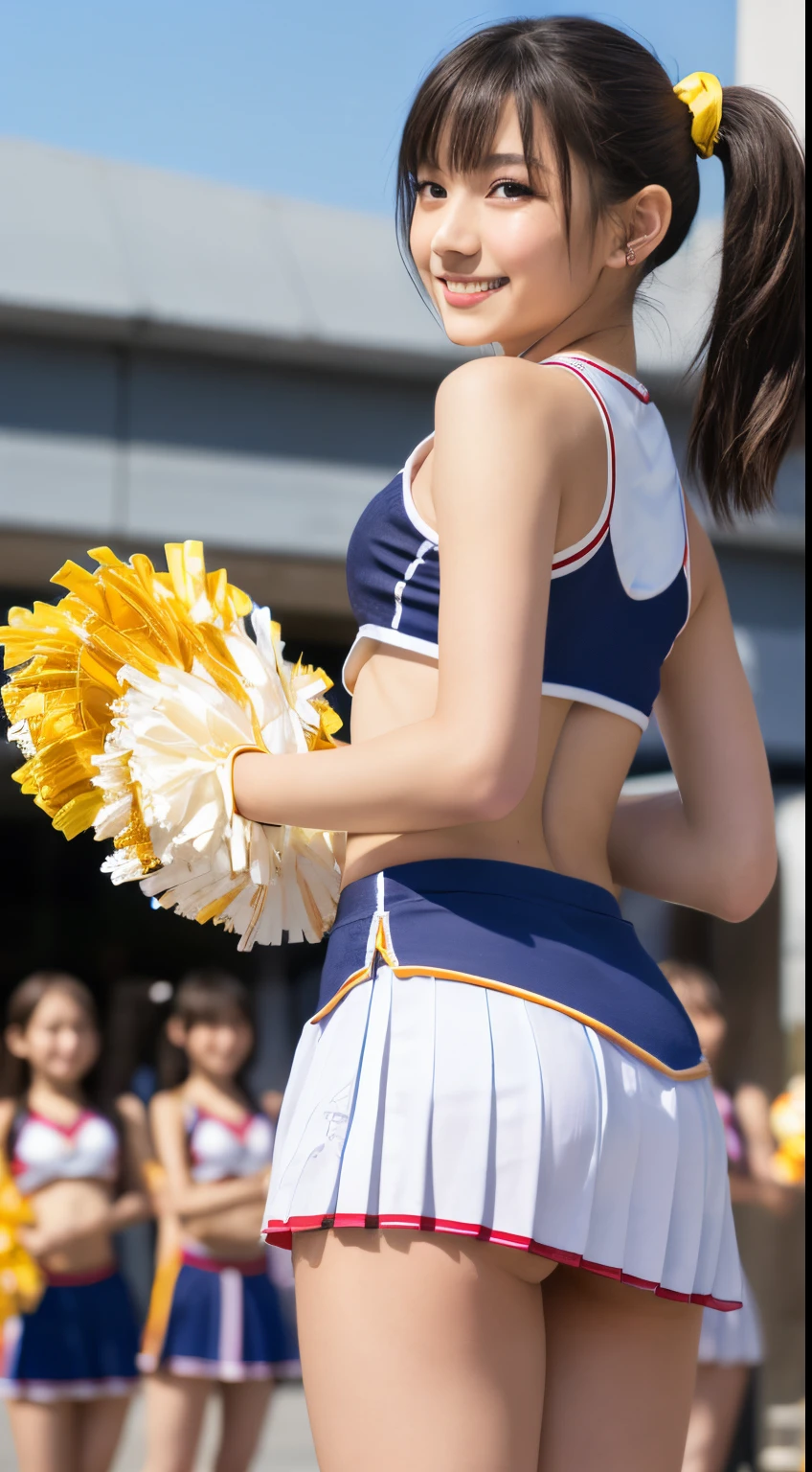 Panties visible through the skirt, (Japan Cheerleaders:1.3), gros-plan, Photo, Big breasts, (12year old), Young face, Pretty Face, Raw photo, Best Quality, High resolution, (masutepiece), (Photorealistic:1.37), Professional Photography, Sharp Focus, nffsw, 8K resolution, Intricate details, depth of fields, Highly detailed CG Unity 8k wallpaper, Front light, NSFW, femele, girl, beautiful supermodel, Smile, slender, (Vibrant poses:1.3), Back view, thighs thighs thighs thighs, (Twin-tailed, poneyTail, scrunchie:1.3), (Super long hair:1.3), Taken from the ground, (Wear bonbons only on your hands:1.4)
