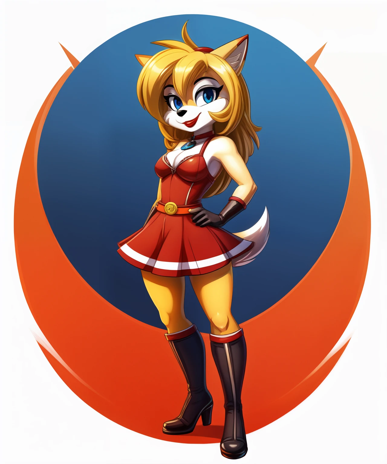 Skyler Starburn the mobian fox, golden hair, red dress, black long gloves, ladies shoes, red lipstick, full body view, tiny toons style