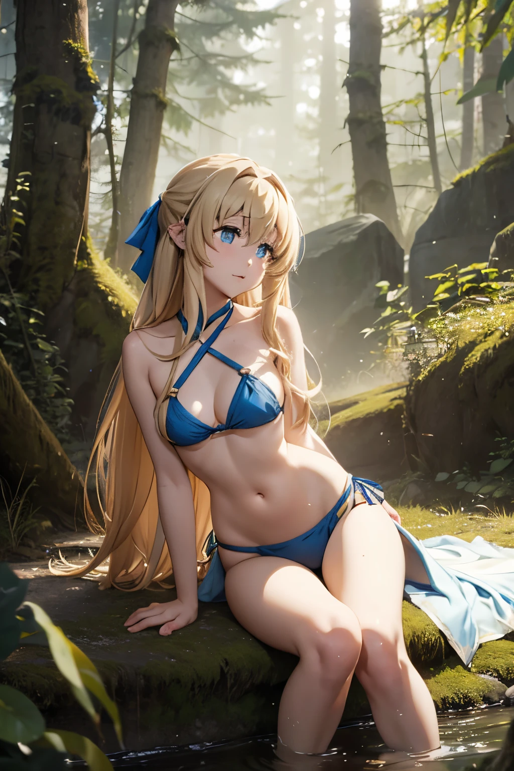 Priestess from goblin slayer show sleeping with bikini cloths in a forest