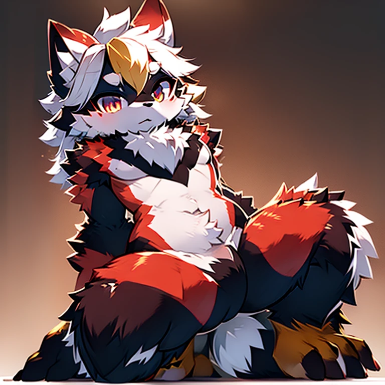 Hairy black all over,a wolf's tail,blond eyelack hair,Powder meat pad,hairy pubic,There are two red gradient corners on the top of the head,Background of a corner of the city