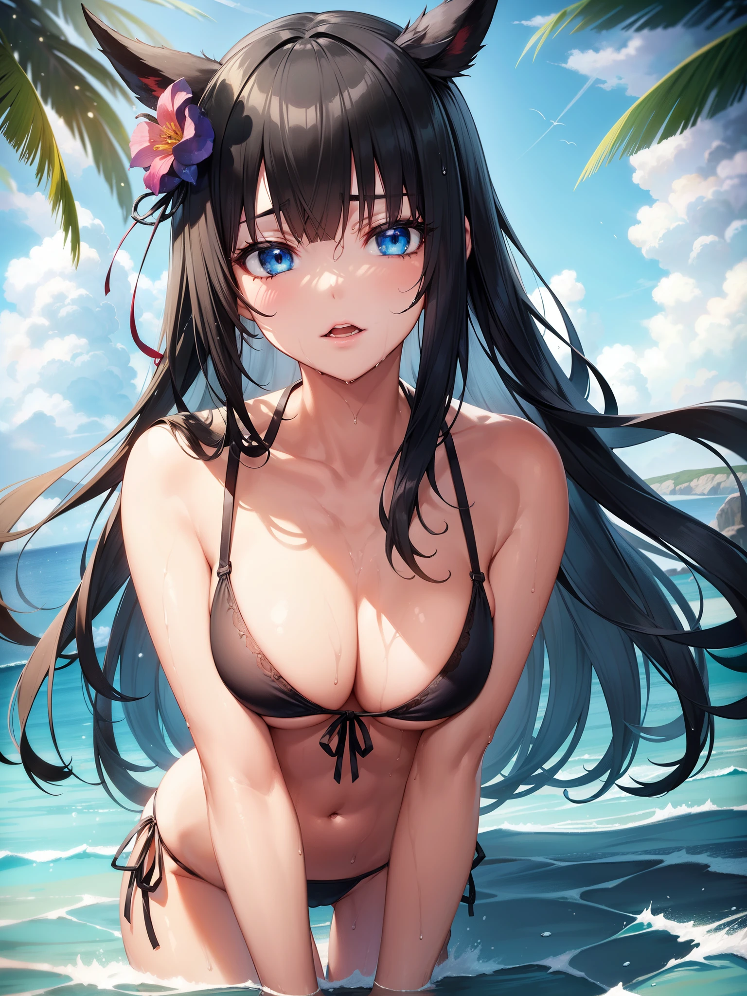 1girl, Yotsuyu_FF14, (blue eyes:1.1), sharp eyes, (black eyeshadow), (eyeliner), long hair, black hair, flower headdress, white skin, close mouth,
BREAK (leaning forward:1.3), (Place your hands on your thighs:1.2), (string bikini:1.3), (black bikini:1.3), patternless bikini, medium breasts, Naked, Exposed skin, (Wet skin:1.5), (turn your body to the front:1.5),
BREAK (sea:1.2), (beach:1.1), (solar:1.2), morning,
BREAK looking at viewer, (front view:1.3),
BREAK (masterpiece:1.2), best quality, high resolution, unity 8k wallpaper, (illustration:0.8), (beautiful detailed eyes:1.6), extremely detailed face, perfect lighting, extremely detailed CG, (perfect hands, perfect anatomy)