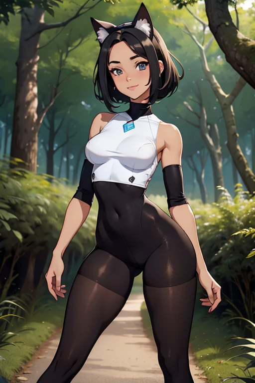 beautiful young woman with cat ears on her head, com rosto bem detalhado e bonito, belos olhos, belos olhos, rosto lindo, beautiful young woman wearing black tights, sueter apertado branco, short pantyhose, Standing in a forest, usando salto alto, cabelo curto preto, morena,orelhas de gato, belo sorriso, tomboy, morena, um pouco musculosa