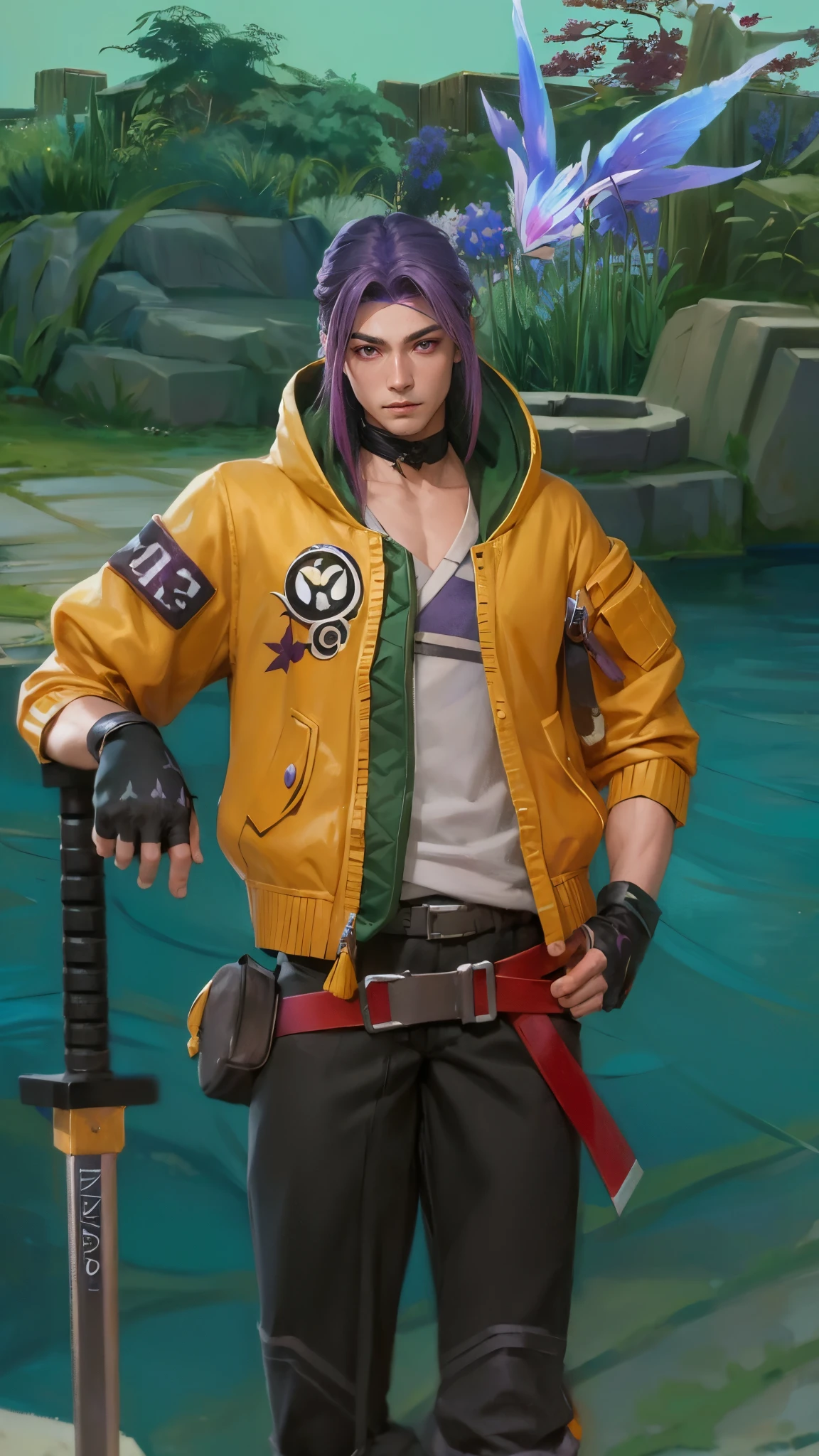 (Masterpiece:1.4), (best quality:1.2), enduring sword talon, 1boy, male focus, purple hair, long hair, japanese clothes, hair ornament, purple eyes