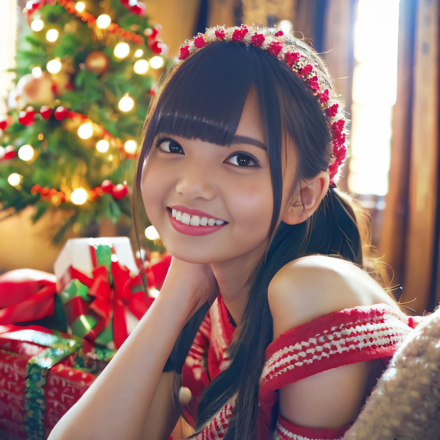 Off-shoulder、Santa Cosplay、beautiful ilumination、Home、Sitting on the couch、Christmas tree、Smiling lightly、hight resolution、Best Quality、Cute、blocky、a 、childish、ng at the camera、cosy atmosphere,Warm fireplace,