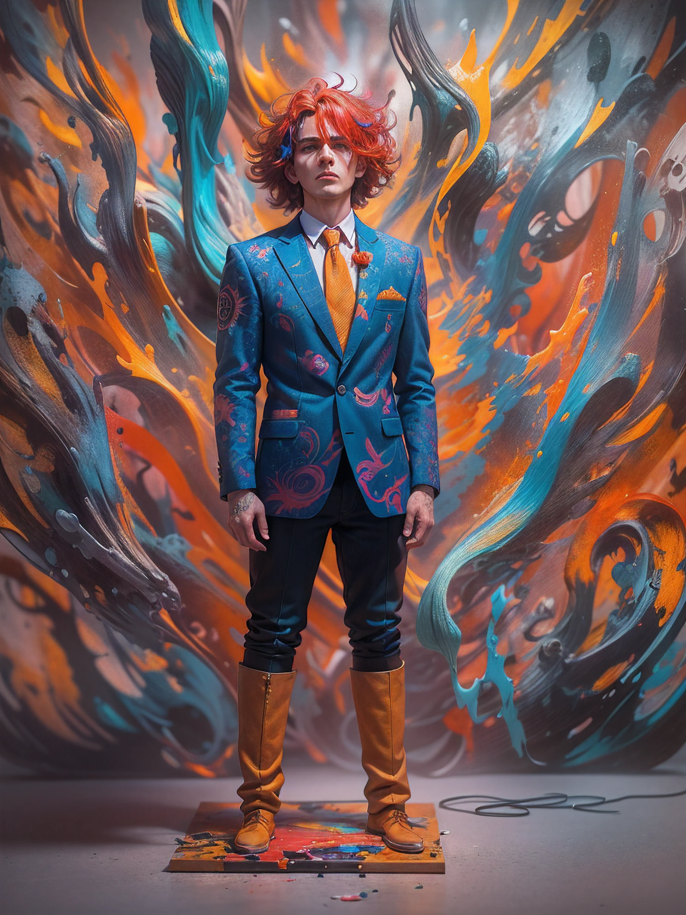 «»Enter a world of creativity and imagination with the artistic image of a man who comes to life through wax. The image features a unique and surreal portrait of a man, Elaborado con colores vibrantes y elementos abstractos. The wax figure is depicted with bold brush strokes and expressive lines., giving it an avant-garde and artistic touch. The colors used are realistic and fantastic, Blur the lines between reality and imagination. The setting can be an art studio or a gallery., adding to the artistic atmosphere. The camera shot type is a medium shot, Capturar la esencia de la figura de cera y su entorno. camera lens: Neon lighting, Add a modern and contemporary touch to the image. resolution: 4k, preserving the artistic details and brush strokes of the composition.»»