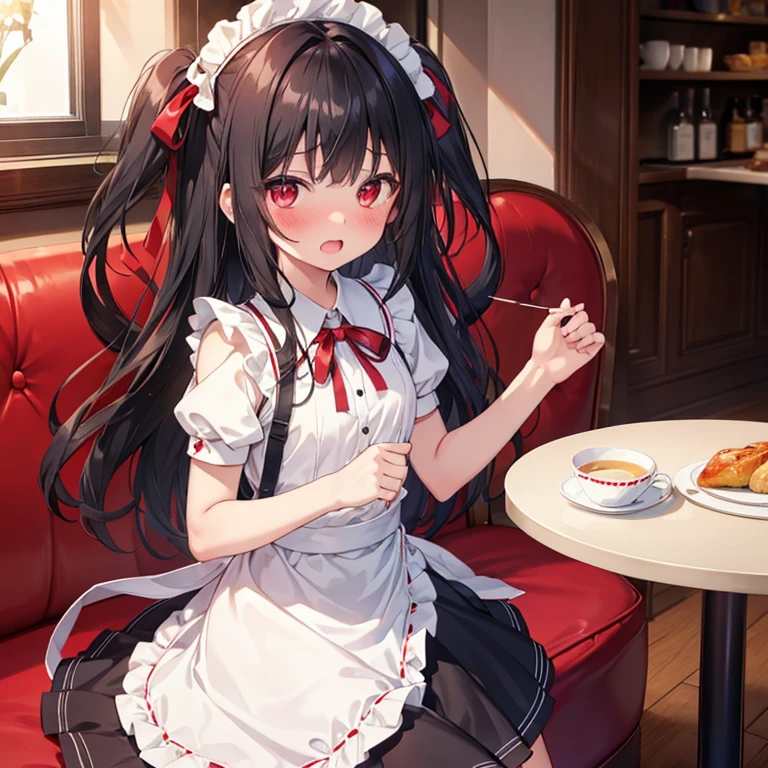 high quality, detailed, 1girl, , maid, short skirt, flat breast, black hair, long hair, two side up, red ribbon, deep red eyes, half open mouth, embarrassed, blush, in cafe,
