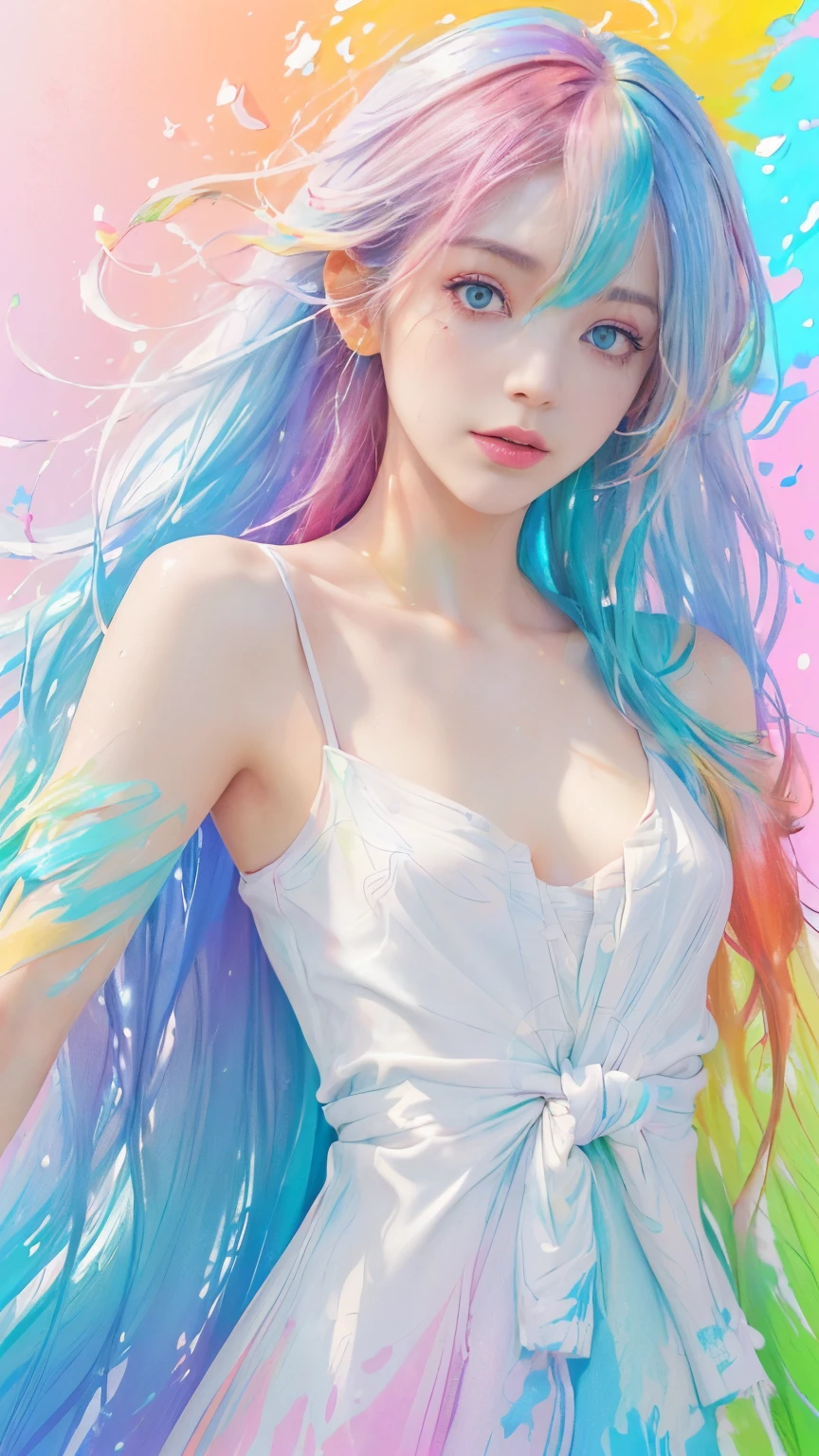 (Pink fashion T-shirt:1.9),(Colorful hair: 1.8), (all the colours of the rainbow: 1.8),(((((Vertical Painting:1.6))), (Painting:1.6),front, comics, Illustrations, Painterly, Large eyes, Crystal clear eyes,( rainbow color gradient high ponytail:1.7), Exquisite makeup, Closed mouth,(Small fresh: 1.5),(Wipe Chest: 1.6) ,long eyelashes, white off shoulder T-shirt, White shoulder shirt,gaze at the audience, Large watery eyes, (rainbow-colored hair:1.6), Color splash, (Solo:1.8), Color splash, Color explosion, Thick paint style, Messy lines, ((Shining)),(Colorful), (Colorful), (Colorful), Colorful, Thick paint style, (Splash) (Color splash), Vertical Painting, Upper body, Paint splashes, Acrylic Pigment, gradient, paint, Highest image quality, Highest Quality, masutepiece, Solo, depth of fields, Face Paint, colourful clothes, (Elegant: 1.2), Gorgeous,Long hair, Wind, (Elegant: 1.etals: 1.4),(((masutepiece))),(((Best Quality))),((Ultra-detailed)),(Illustration),(Dynamic Angle),((floating)),(paint),((disheveled hair)),(Solo),(1girl in) , (((Detailed anima face))),((beautifull detailed face)),Collar,Bare shoulders,White hair, ((Colorful hair)),((striated hair)),Beautiful detailed eyes,(Gradient color eyes),(((Colorful eyes))),(((Colorful background))),(((High color saturation))),(((Surrounded by colorful splashes))),