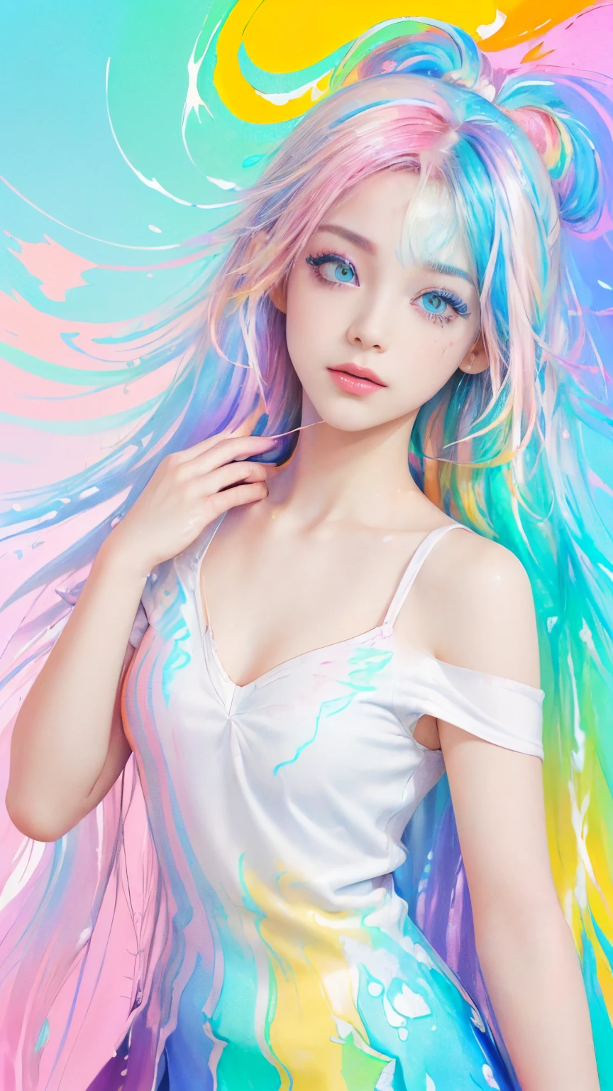 (Pink fashion T-shirt:1.9),(Colorful hair: 1.8), (all the colours of the rainbow: 1.8),(((((Vertical Painting:1.6))), (Painting:1.6),front, comics, Illustrations, Painterly, Large eyes, Crystal clear eyes,( rainbow color gradient high ponytail:1.7), Exquisite makeup, Closed mouth,(Small fresh: 1.5),(Wipe Chest: 1.6) ,long eyelashes, white off shoulder T-shirt, White shoulder shirt,gaze at the audience, Large watery eyes, (rainbow-colored hair:1.6), Color splash, (Solo:1.8), Color splash, Color explosion, Thick paint style, Messy lines, ((Shining)),(Colorful), (Colorful), (Colorful), Colorful, Thick paint style, (Splash) (Color splash), Vertical Painting, Upper body, Paint splashes, Acrylic Pigment, gradient, paint, Highest image quality, Highest Quality, masutepiece, Solo, depth of fields, Face Paint, colourful clothes, (Elegant: 1.2), Gorgeous,Long hair, Wind, (Elegant: 1.etals: 1.4),(((masutepiece))),(((Best Quality))),((Ultra-detailed)),(Illustration),(Dynamic Angle),((floating)),(paint),((disheveled hair)),(Solo),(1girl in) , (((Detailed anima face))),((beautifull detailed face)),Collar,Bare shoulders,White hair, ((Colorful hair)),((striated hair)),Beautiful detailed eyes,(Gradient color eyes),(((Colorful eyes))),(((Colorful background))),(((High color saturation))),(((Surrounded by colorful splashes))),