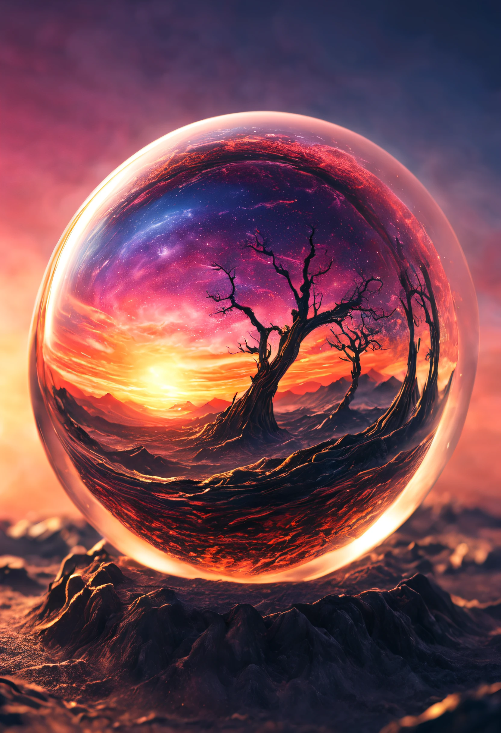 a magnificent sunset on a strange and mysterious alien glass sphere style planete. It's very textured and detailed with dreaming lot of whirlwind and dreaming dust