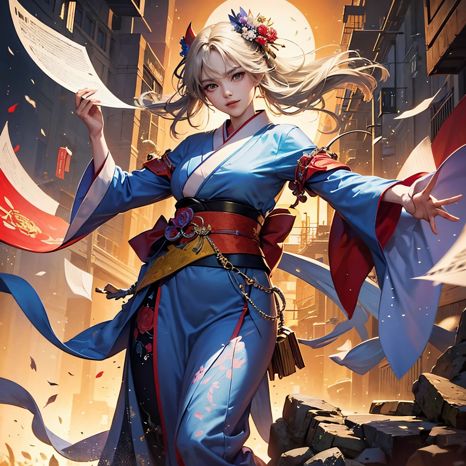 concept-art、❴(anger)A beautiful woman holds up a colored paper with❵、jpn、kimono、(beautiful countenance)、Gentle smile、accurate depiction、Accurate composition、Masterpiece、4K