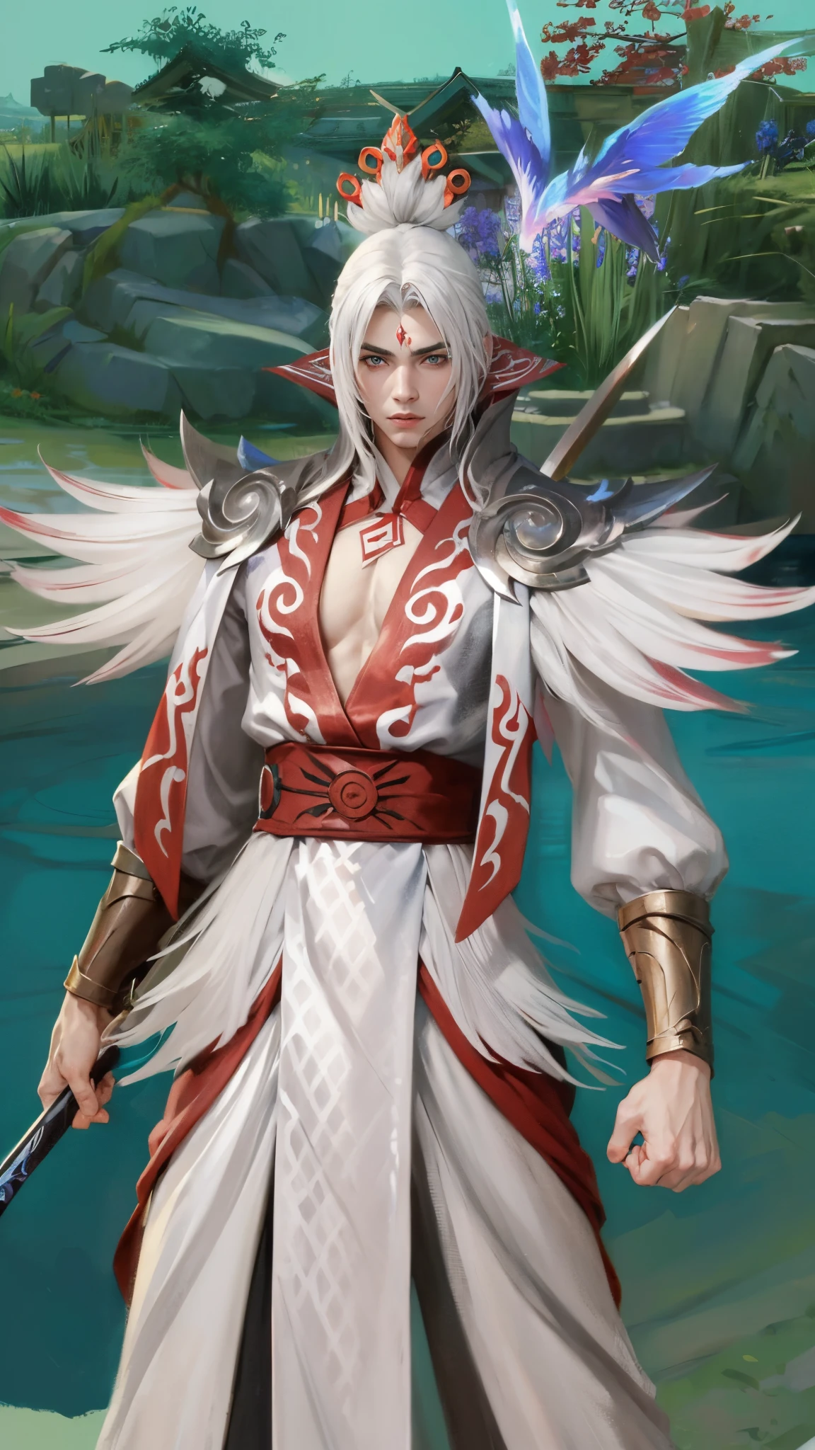 (Masterpiece:1.4), (best quality:1.2), enduring sword talon, 1boy, male focus, white hair, long hair, japanese clothes, hair ornament