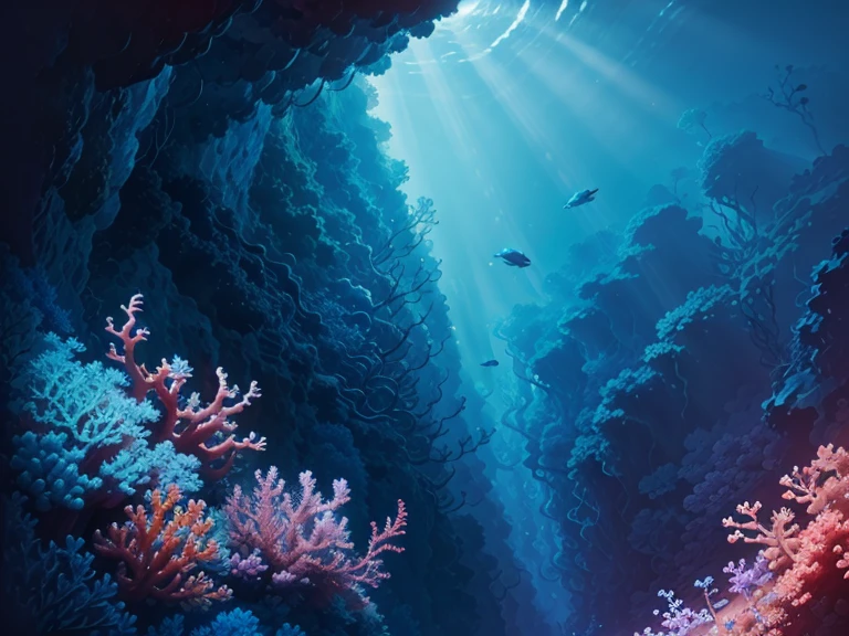 An very deep underwater world teeming with vibrant coral reefs and with seldom fishes. Bottomless sea, valley between huge reefs, Sunlight pierces through the water, illuminating the huge depths with a mesmerizing play of blue-tinted pastel colors.