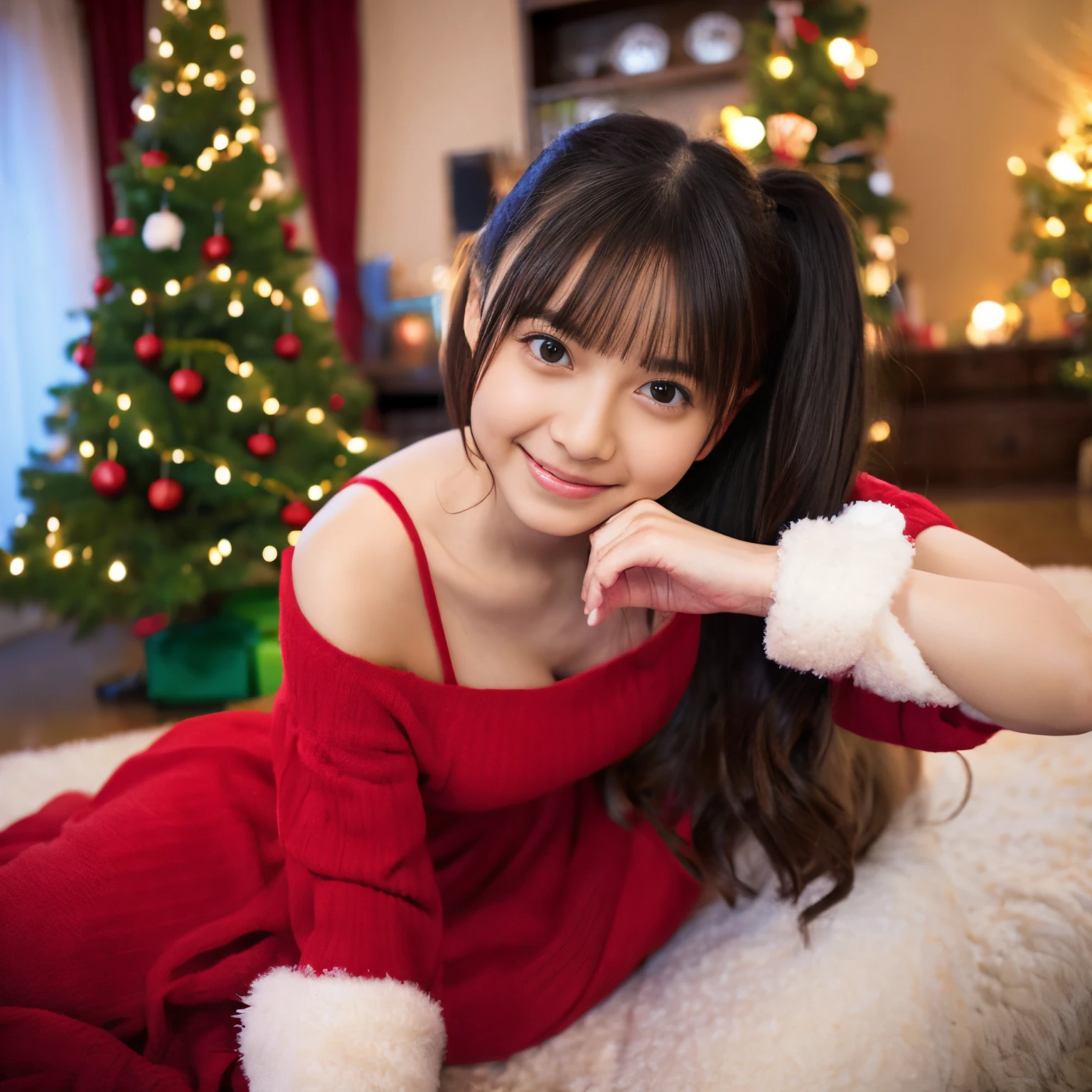 (Girl in a beautiful red dress),(), Lying in front of a beautifully decorated Christmas tree),Lighting,christmas,fun atmosphere,flash lights,Soft snowflakes fall,Best quality at best,4K,ultra - detailed,Vibrant colors,rosin,comfortably,Romantic,cheerfulness,amazing scenery,warmth,Happy,magical,Holiday spirit,Winter wonderland,pure love and kindness.、cropped shoulders、I put my hair up and cut it short、A sexy pose、a baby face、upper legs, upper legs, upper legs、lie、scantily clad