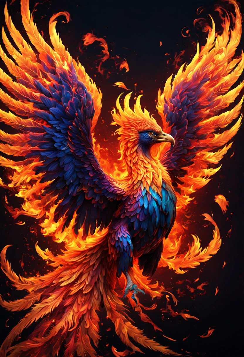 black light poster art, design a captivating art piece featuring the essence of a mythical fire phoenix, with its feathers ablaze in radiant hues, surrounded by swirling flames and symbols of rebirth and transformation, octane render, enhance, intricate, (best quality, masterpiece, Representative work, official art, Professional, unity 8k wallpaper:1.3)