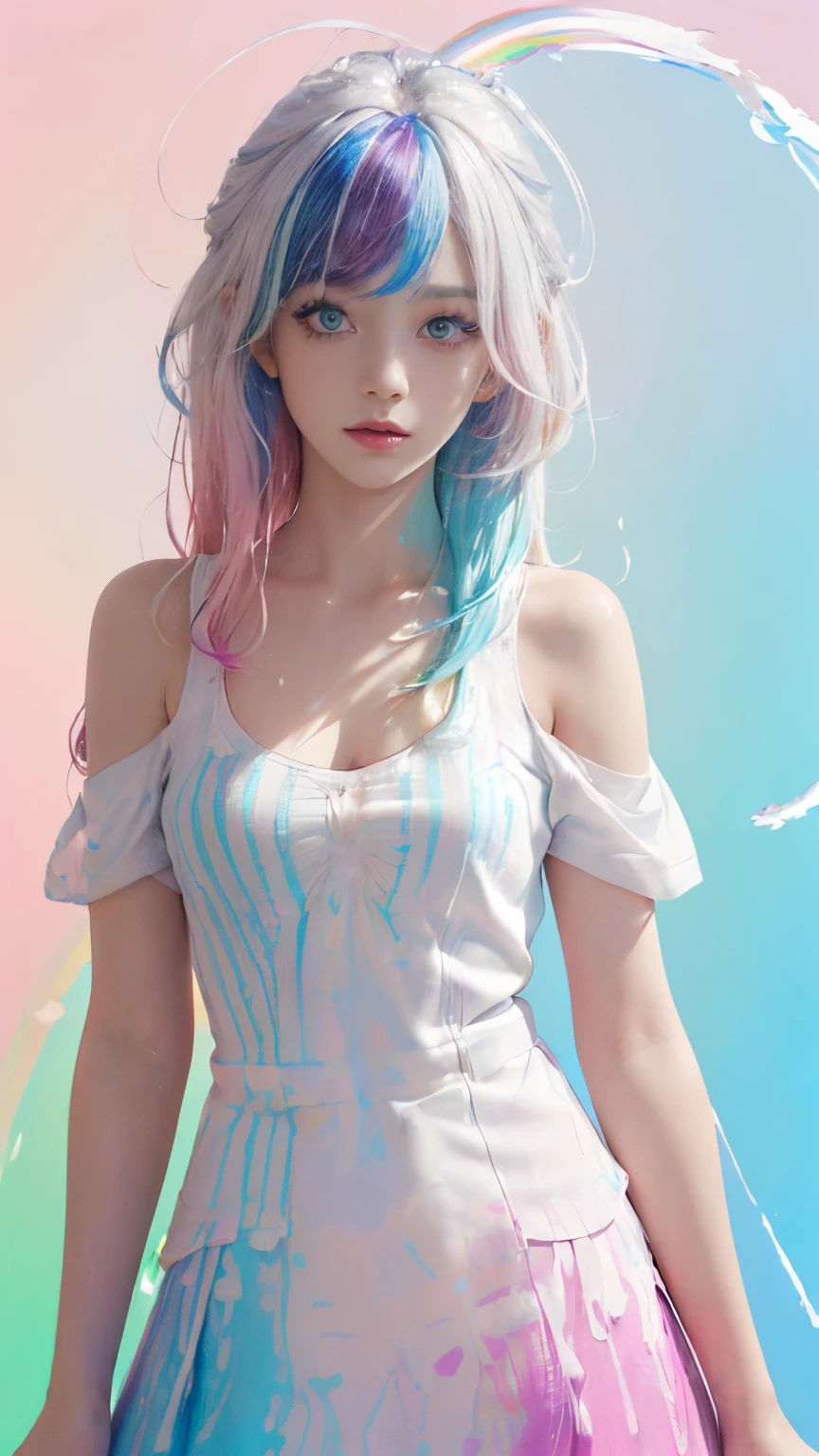 （Pink fashion T-shirt：1.9），(Colorful hair: 1.8), (all the colours of the rainbow: 1.8),(((((Vertical Painting：1.6))), （Painting：1.6），front, comics, Illustrations, Painterly, Large eyes, Crystal clear eyes,（ rainbow color gradient high ponytail：1.7）, Exquisite makeup, Closed mouth,(Small fresh: 1.5),(Wipe Chest: 1.6) ，long eyelashes, white off shoulder T-shirt,  White shoulder shirt，gaze at the audience, Large watery eyes, (rainbow-colored hair：1.6), Color splash, （Solo：1.8）, Color splash, Color explosion, Thick paint style, Messy lines, ((Shining))，(Colorful), (Colorful), (Colorful), Colorful, Thick paint style, (Splash) (Color splash), Vertical Painting, Upper body, Paint splashes, Acrylic Pigment, gradient, paint, Highest image quality, Highest Quality, masutepiece, Solo, depth of fields, Face Paint,  colourful clothes, (Elegant: 1.2), Gorgeous,Long hair, Wind, (Elegant: 1.etals: 1.4)，(((masutepiece))),(((Best Quality))),((Ultra-detailed)),(Illustration),(Dynamic Angle),((floating)),(paint),((disheveled hair)),(Solo),(1girl in) , (((Detailed anima face))),((beautifull detailed face)),Collar,Bare shoulders,White hair, ((Colorful hair)),((striated hair)),Beautiful detailed eyes,(Gradient color eyes),(((Colorful eyes))),(((Colorful background))),(((High color saturation))),(((Surrounded by colorful splashes))),