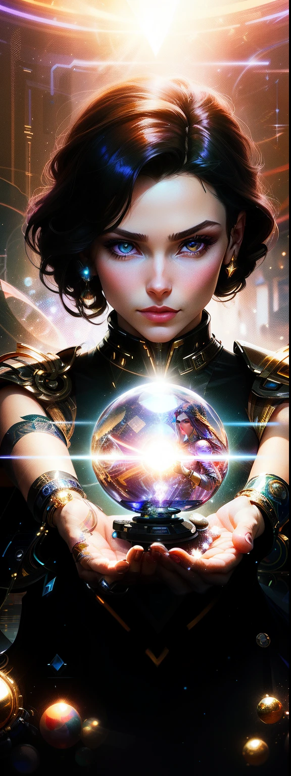 a close up of a person holding a diamond in their hands, artgerm julie bell beeple, fantasy rpg symmetrical portrait, a woman holding an orb, molly from the novel neuromancer, beeple and alphonse mucha, beautiful female neuromancer, portrait knights of zodiac girl, jen bartel, stunning digital illustration, crystal ball