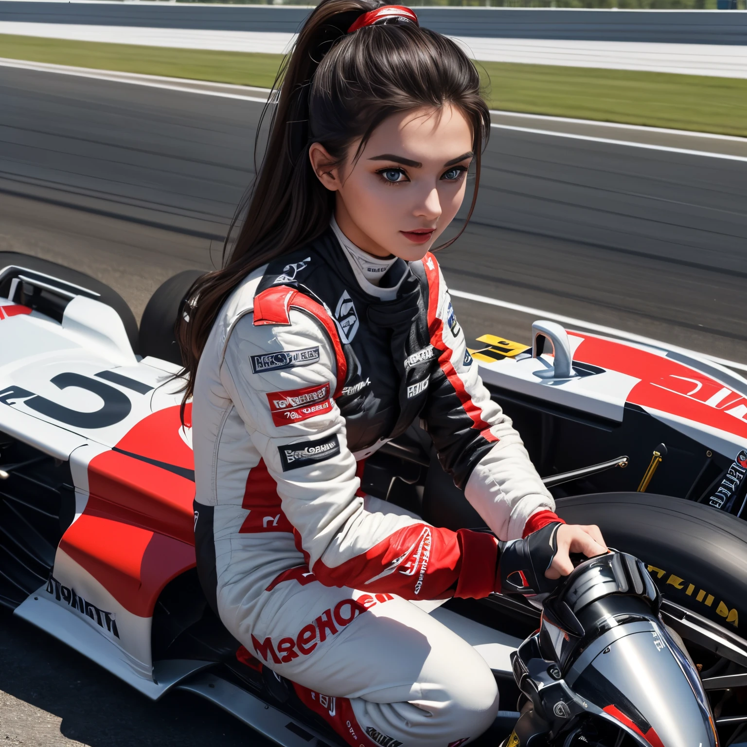 ((masterpiece, best quality, absurdress)), A 21-year-old female F1 racer exuding beauty and excitement, adrenaline coursing through her veins. Her eyes gleam with a captivating sparkle, capturing the intense thrill of the race track in a vivid and detailed composition.